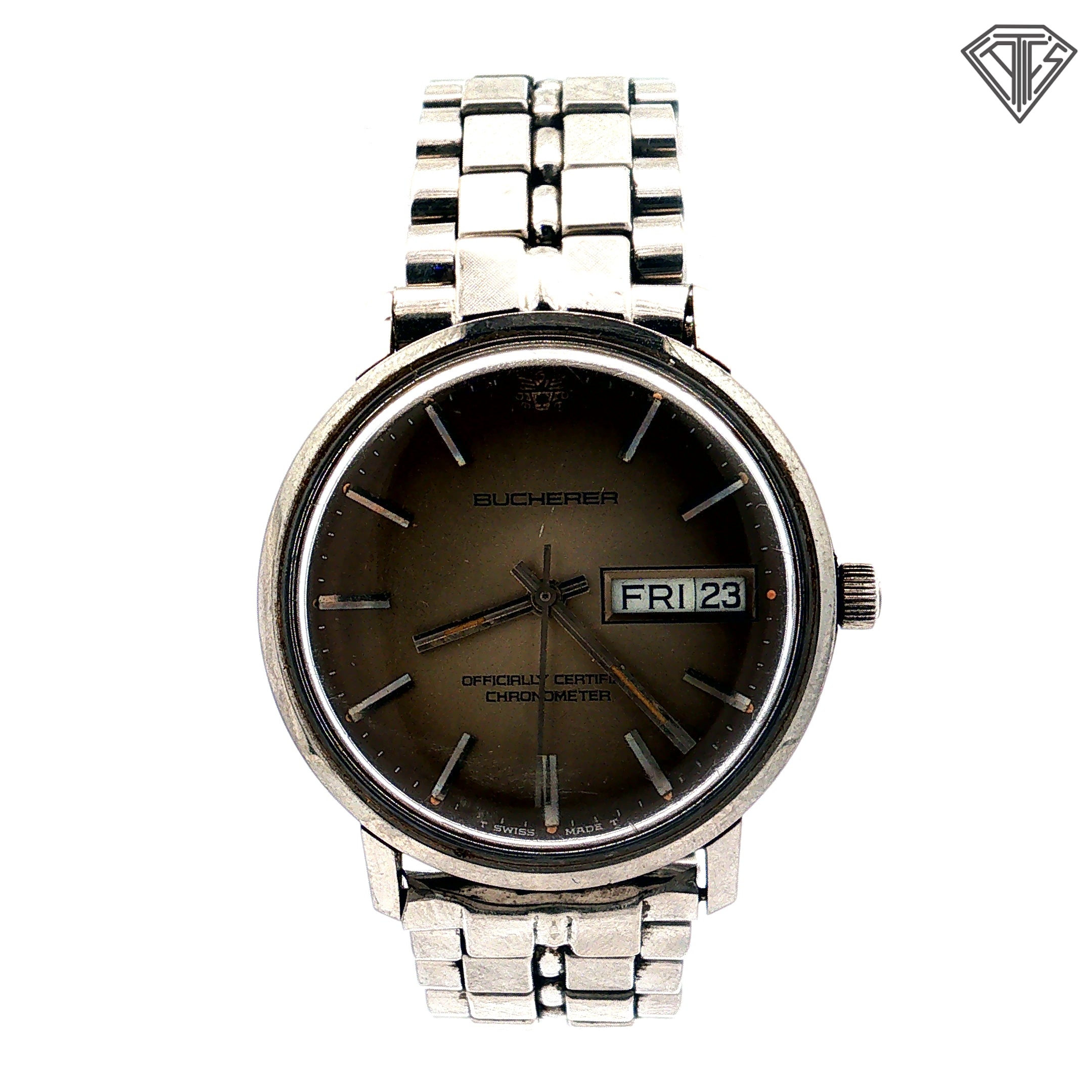 Pre-Owed Vintage Carl F. Bucherer Officially Certified/ Stainless Steel/ Metallic Grey Dial/ Chronometer/ Swiss Mechanical Movements 36mm