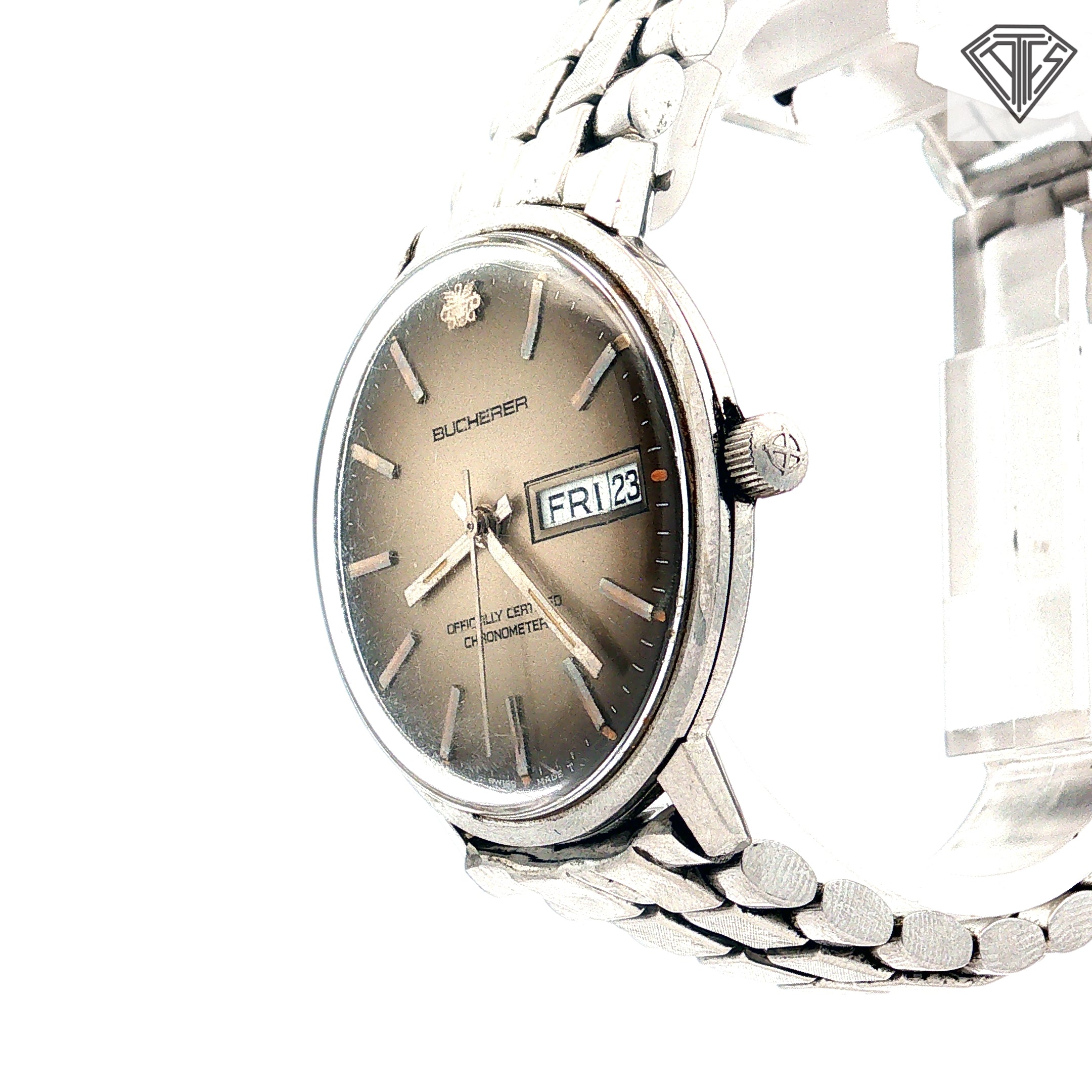 Pre-Owed Vintage Carl F. Bucherer Officially Certified/ Stainless Steel/ Metallic Grey Dial/ Chronometer/ Swiss Mechanical Movements 36mm