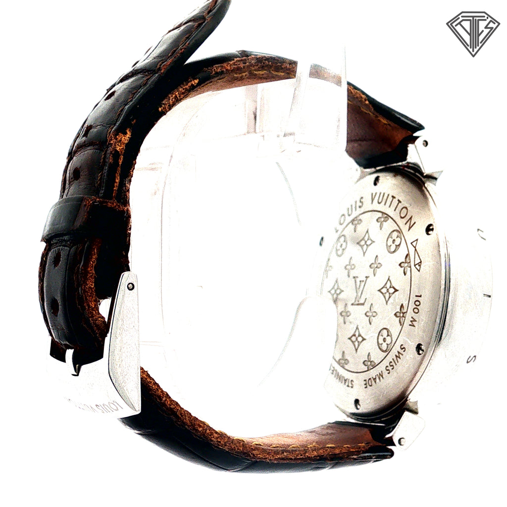 Pre-Loved Louis Vuitton Tambour GMT/ Automatic Movement/ Steel Case/ Brown Dial / 34mm    As Is  / No Box and Paper