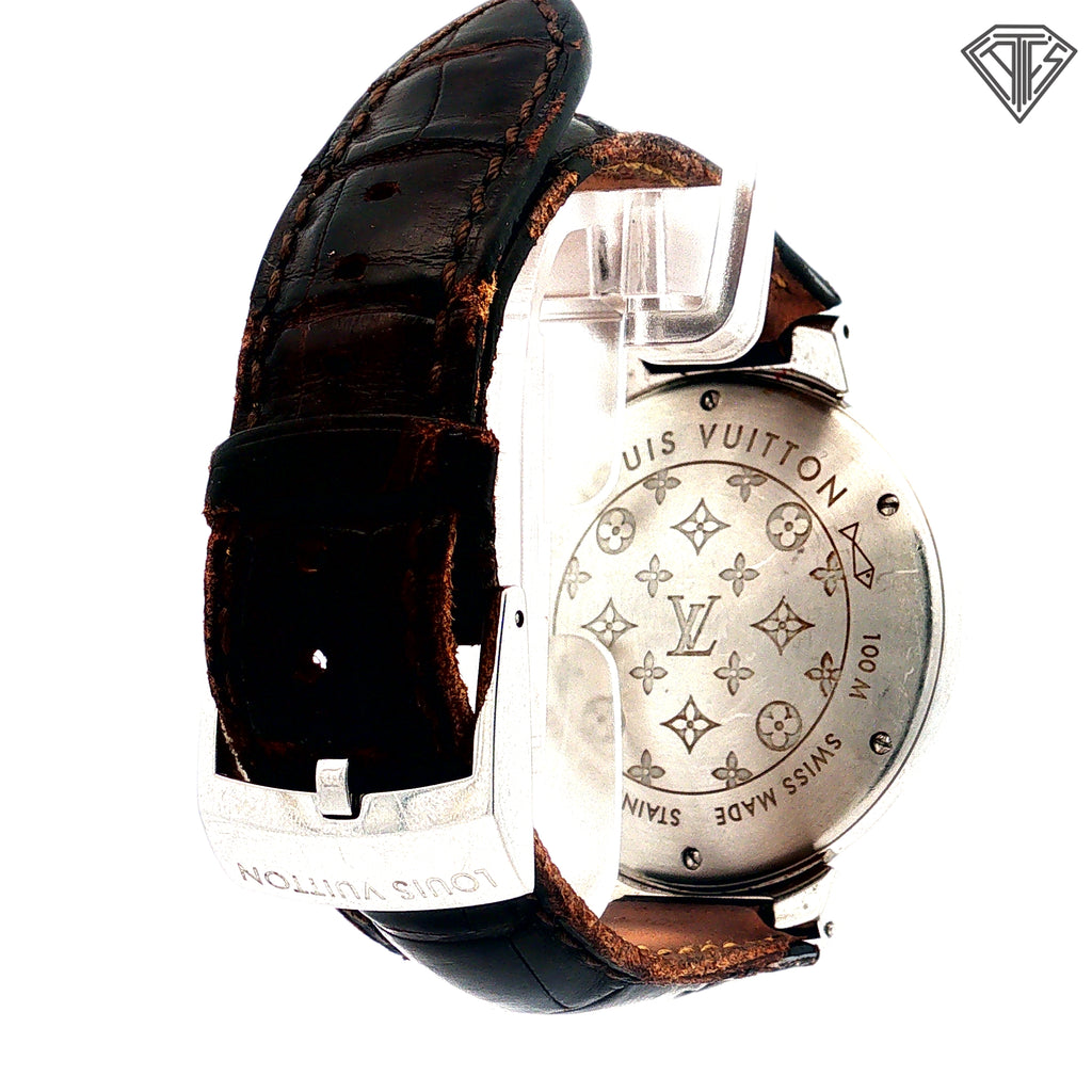 Pre-Loved Louis Vuitton Tambour GMT/ Automatic Movement/ Steel Case/ Brown Dial / 34mm    As Is  / No Box and Paper