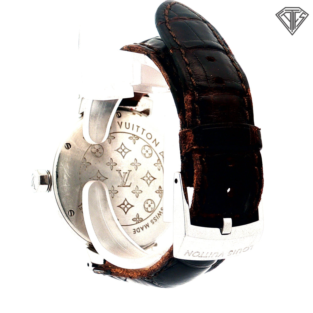 Pre-Loved Louis Vuitton Tambour GMT/ Automatic Movement/ Steel Case/ Brown Dial / 34mm    As Is  / No Box and Paper