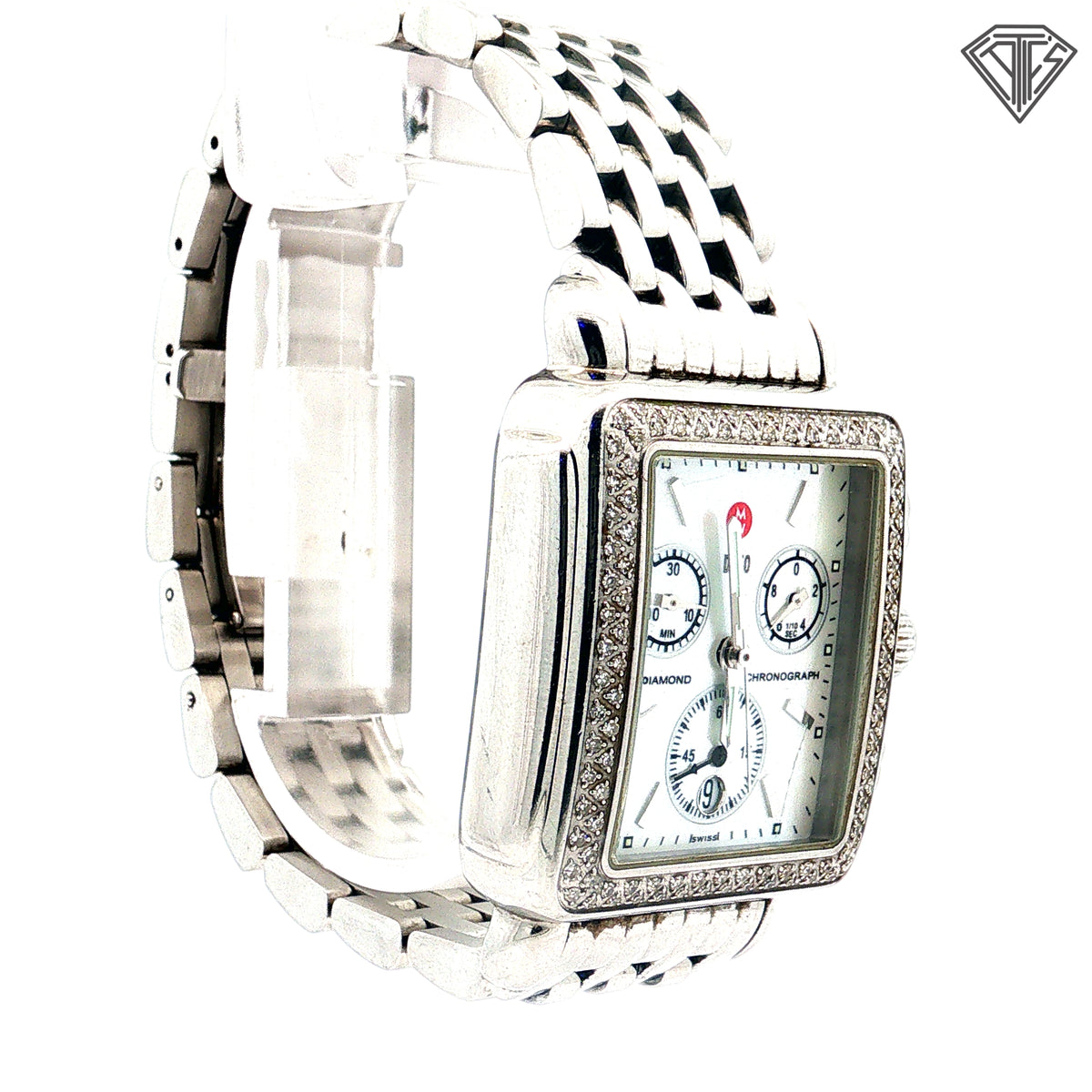 Pre-Loved Michele Deco  Watch / .60ct Round Diamond/ Swiss Quartz Chronograph Movement/ Stainless Steel/ 18mm Strap Width/ 35mm Case Size / Dial Color White Mother of Pearl/ Crystal- Sapphire/ Case Color Silver