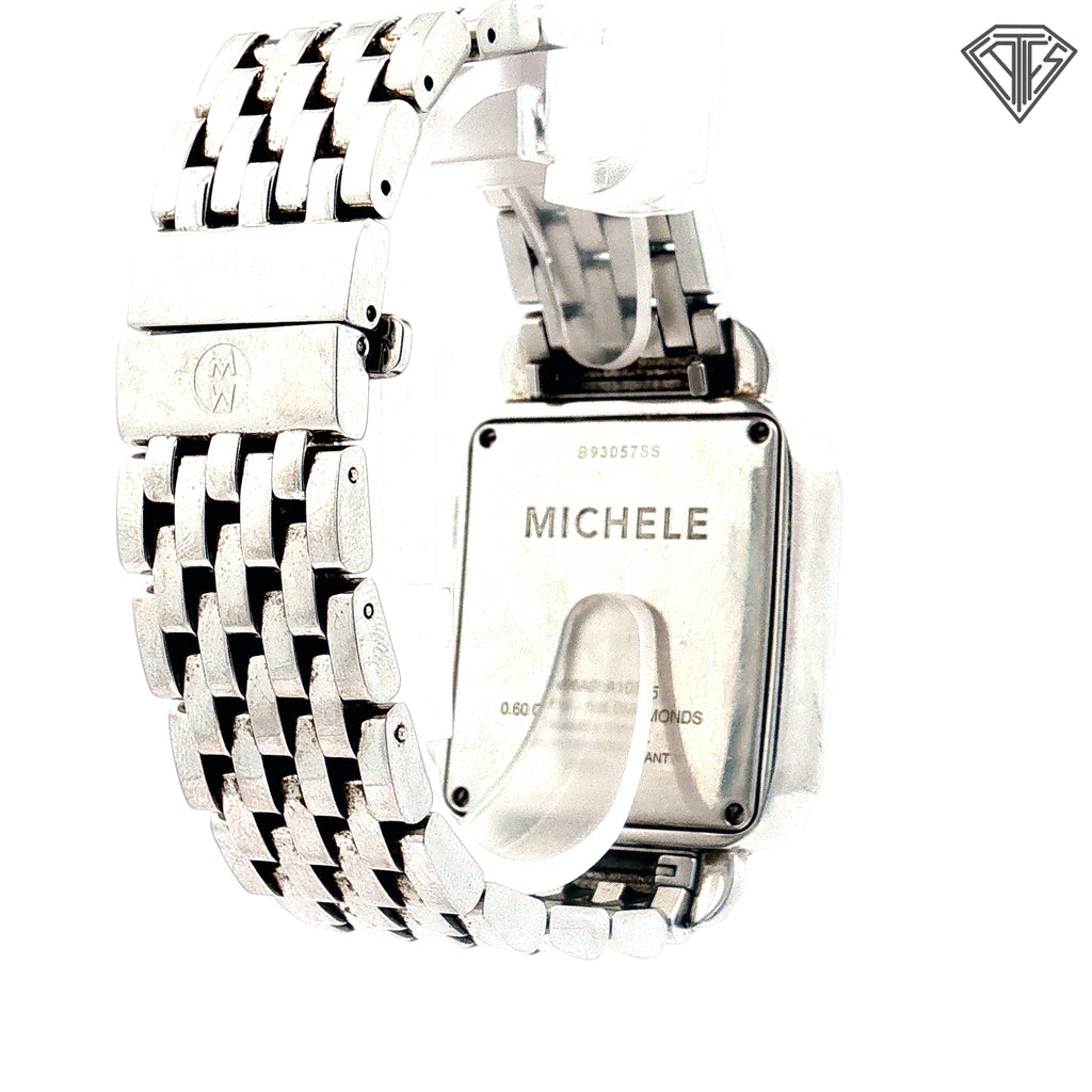 Pre-Loved Michele Deco  Watch / .60ct Round Diamond/ Swiss Quartz Chronograph Movement/ Stainless Steel/ 18mm Strap Width/ 35mm Case Size / Dial Color White Mother of Pearl/ Crystal- Sapphire/ Case Color Silver