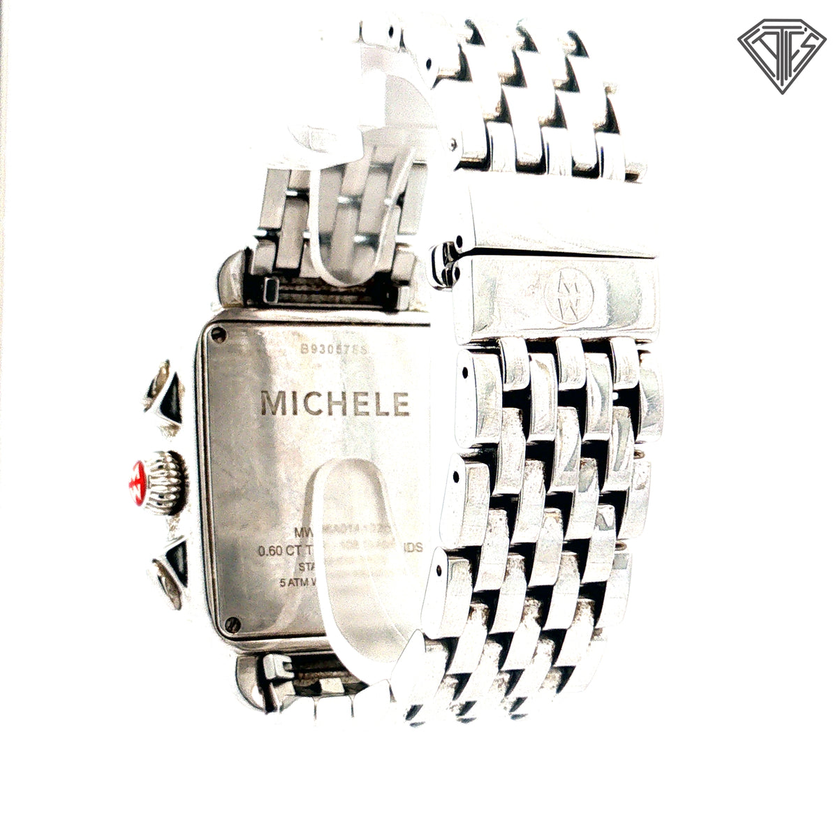 Pre-Loved Michele Deco  Watch / .60ct Round Diamond/ Swiss Quartz Chronograph Movement/ Stainless Steel/ 18mm Strap Width/ 35mm Case Size / Dial Color White Mother of Pearl/ Crystal- Sapphire/ Case Color Silver
