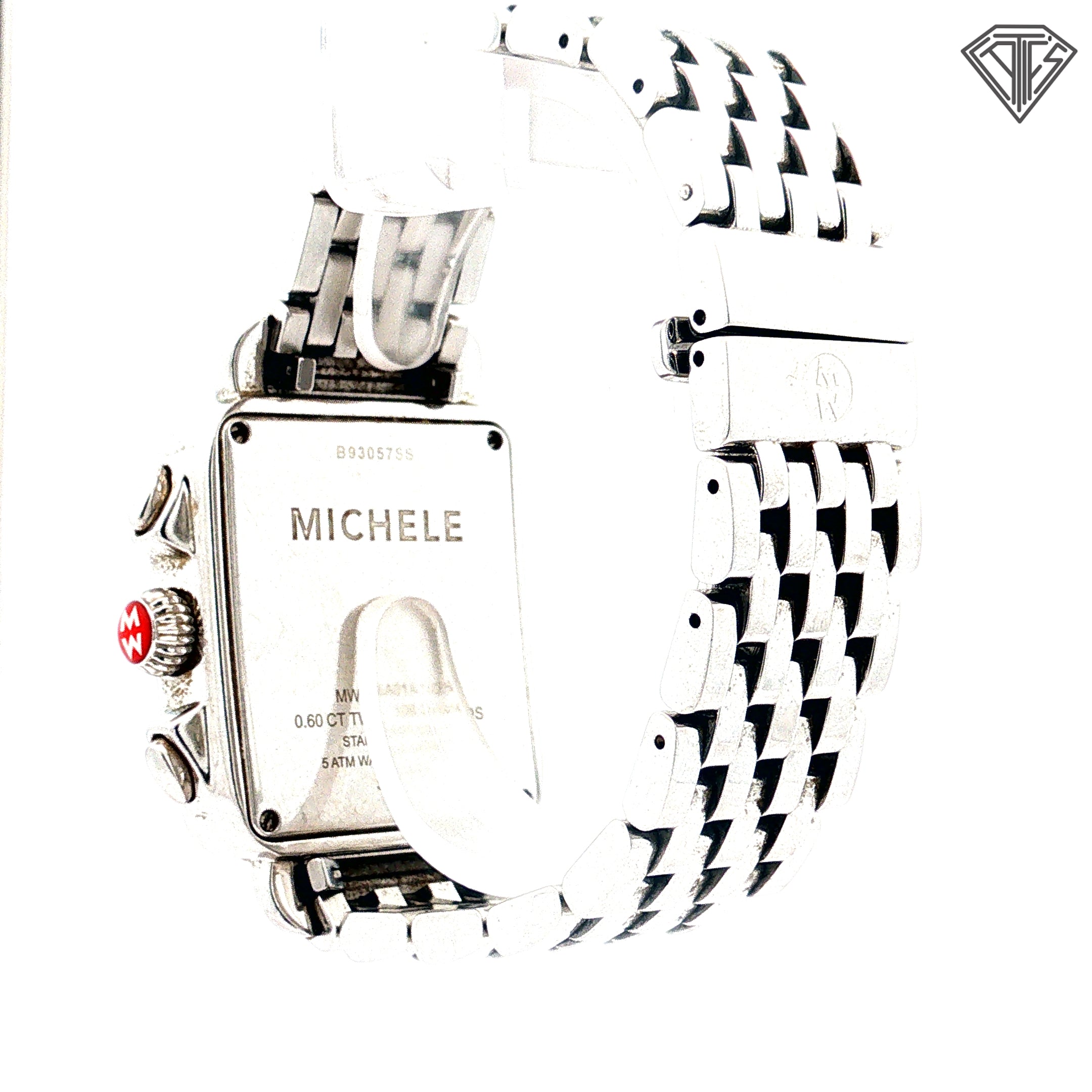 Pre-Loved Michele Deco  Watch / .60ct Round Diamond/ Swiss Quartz Chronograph Movement/ Stainless Steel/ 18mm Strap Width/ 35mm Case Size / Dial Color White Mother of Pearl/ Crystal- Sapphire/ Case Color Silver