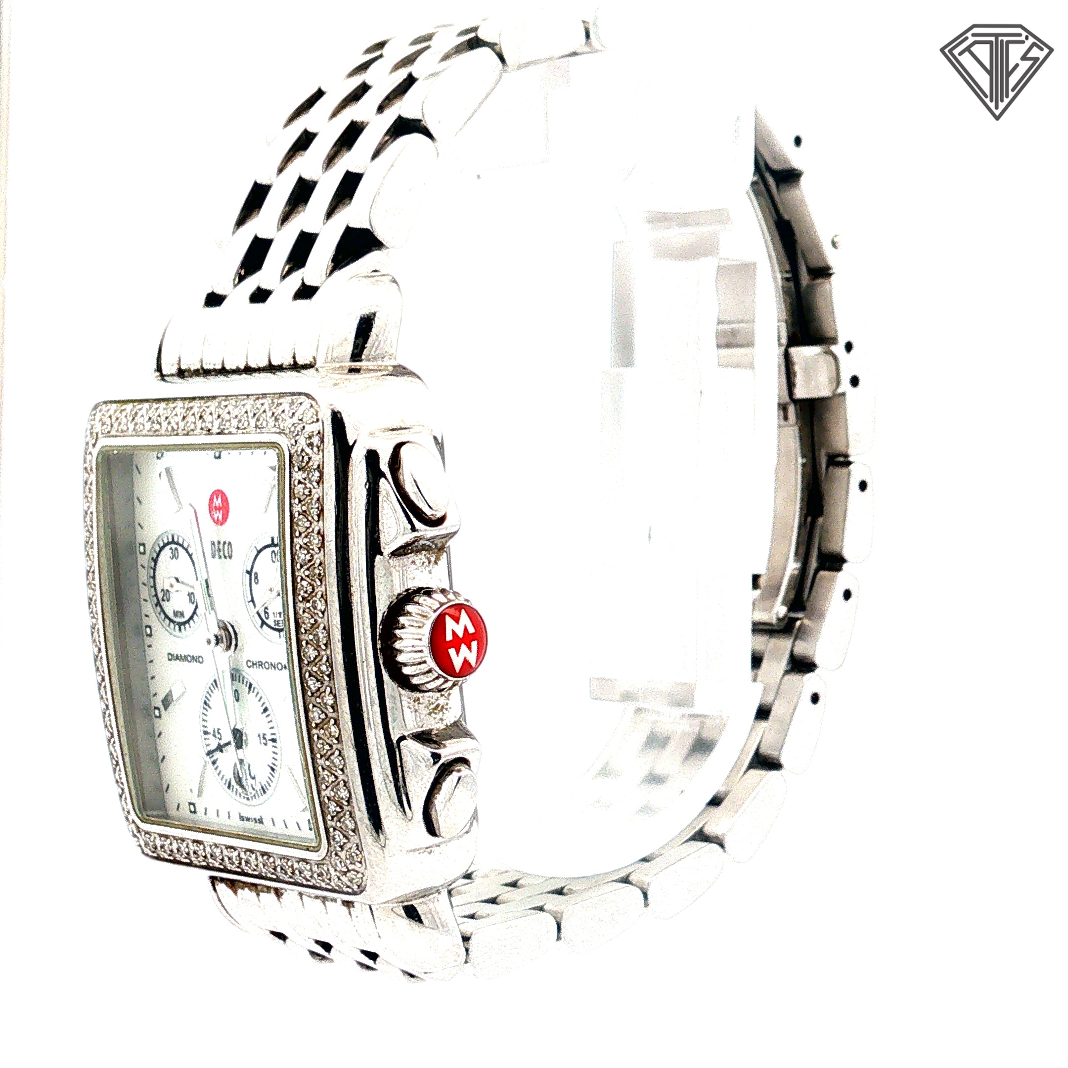 Pre-Loved Michele Deco  Watch / .60ct Round Diamond/ Swiss Quartz Chronograph Movement/ Stainless Steel/ 18mm Strap Width/ 35mm Case Size / Dial Color White Mother of Pearl/ Crystal- Sapphire/ Case Color Silver