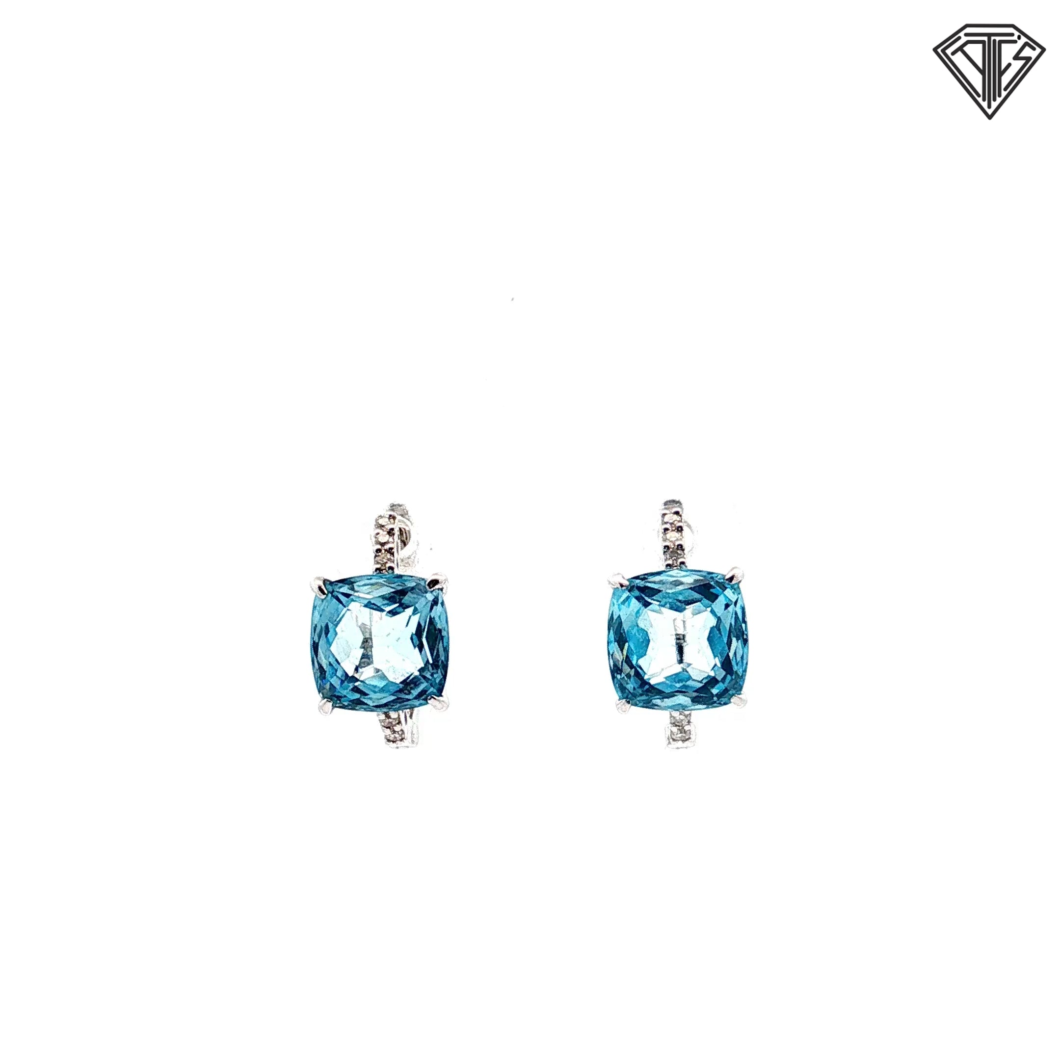 18k White Gold 3.00ct Cushion Aqua Marine/ .08ct F VS2  Round Diamond Huggie Earrings
