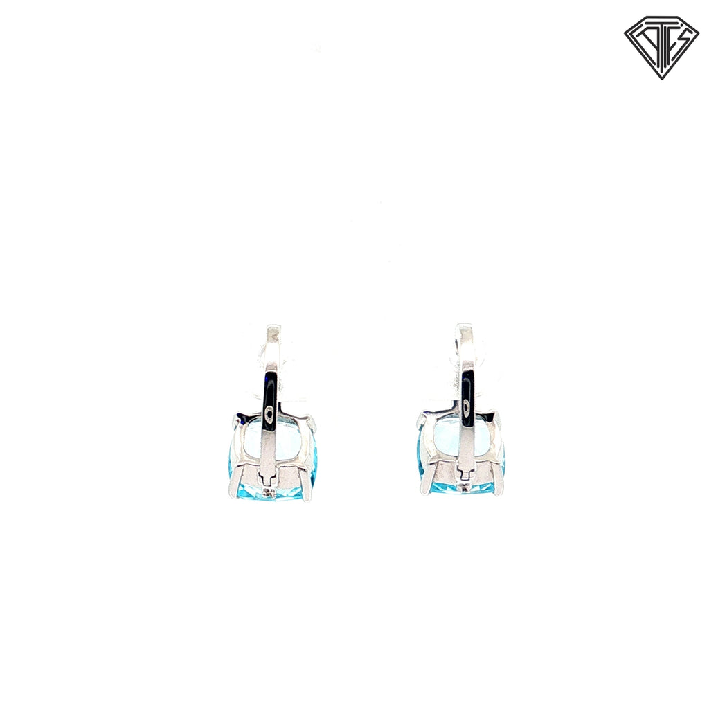 18k White Gold 3.00ct Cushion Aqua Marine/ .08ct F VS2  Round Diamond Huggie Earrings