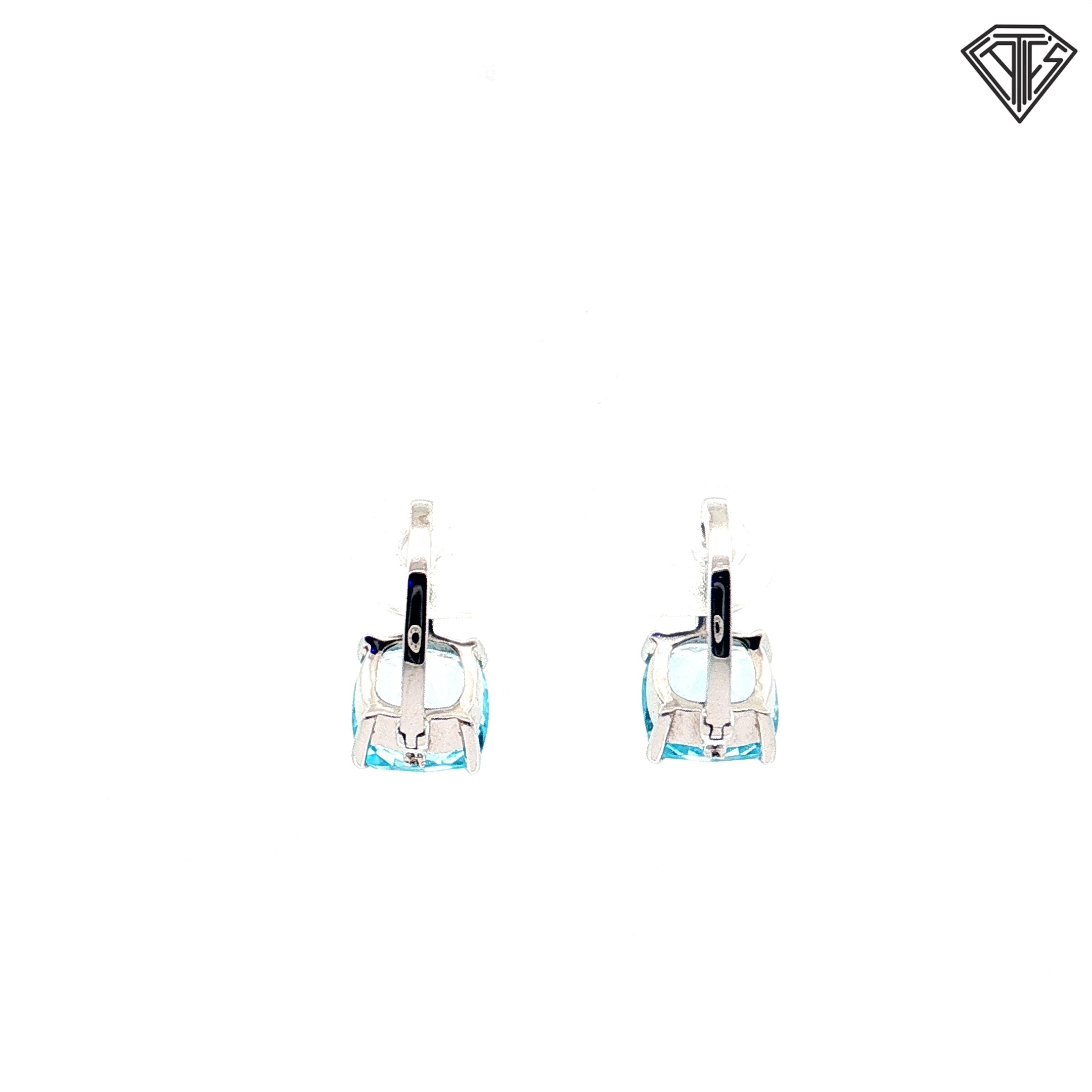 18k White Gold 3.00ct Cushion Aqua Marine/ .08ct F VS2  Round Diamond Huggie Earrings