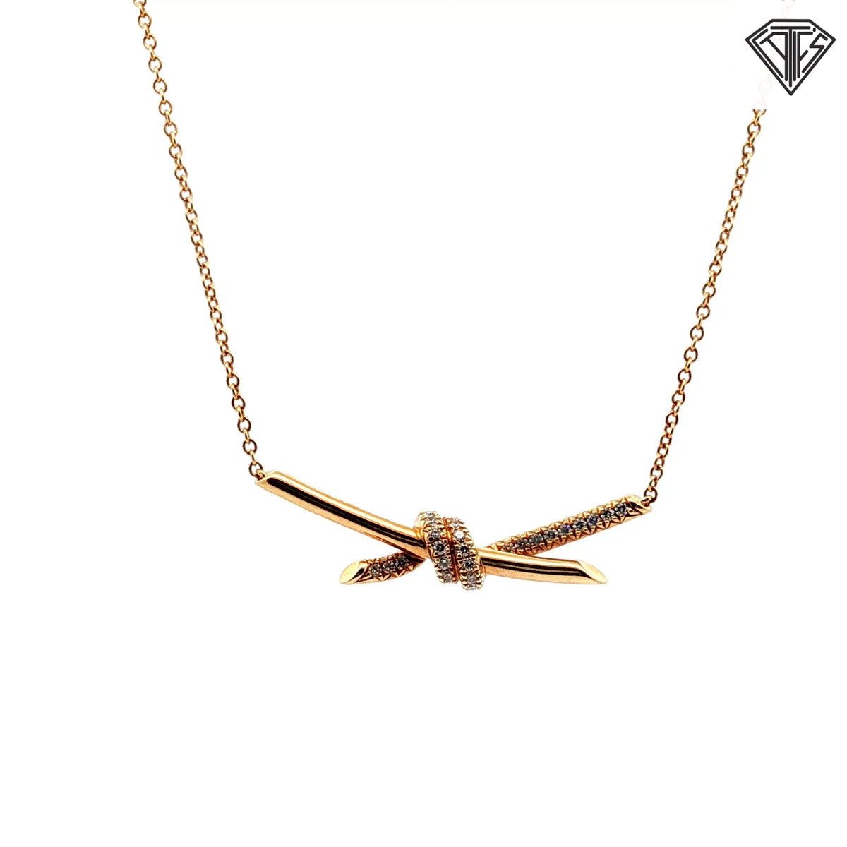 Pre-Loved Tiffany & Co. 18k Yellow Gold .25ct Pave Round Brilliant Diamond Knot Necklace 15"-17" inch / Box / No Paper