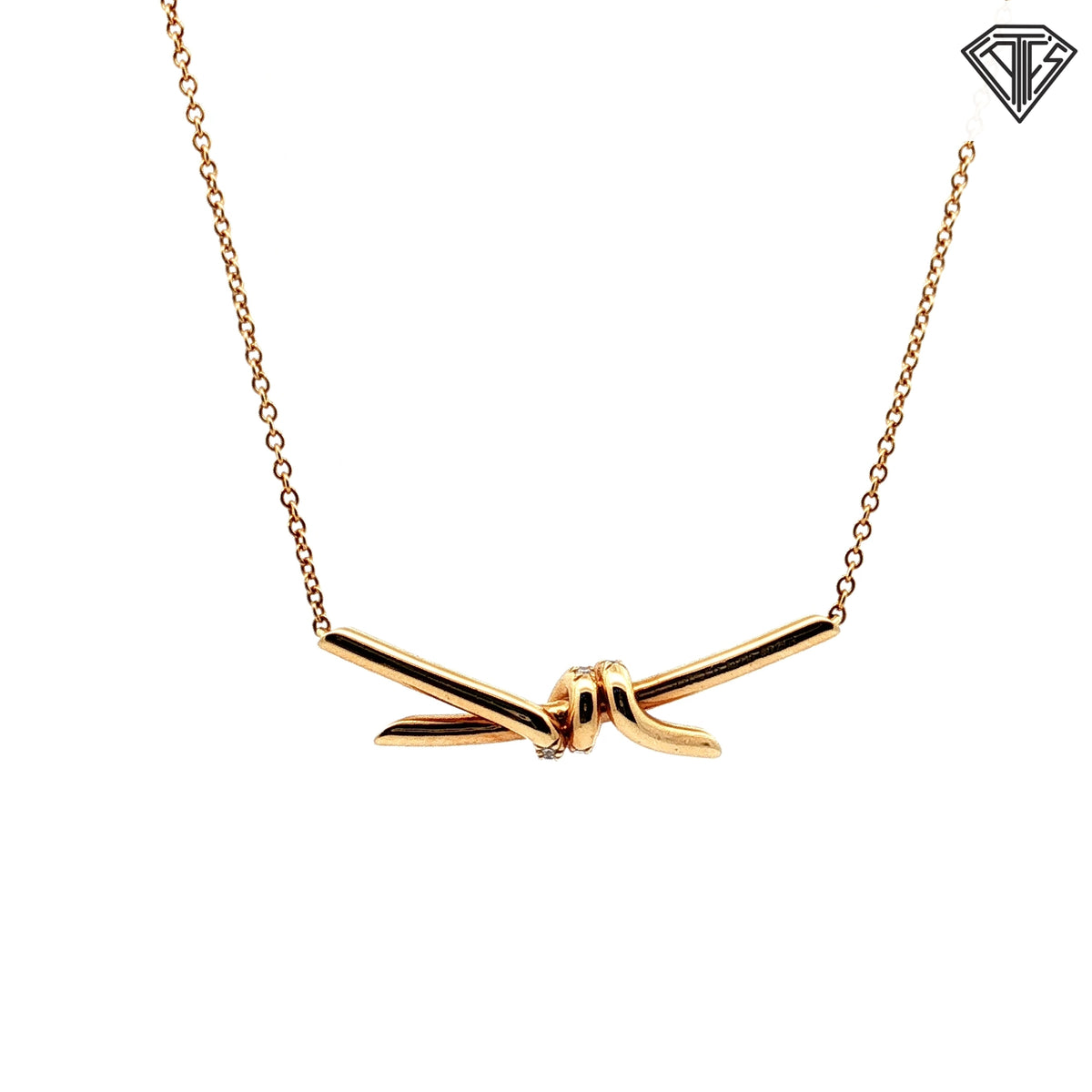 Pre-Loved Tiffany & Co. 18k Yellow Gold .25ct Pave Round Brilliant Diamond Knot Necklace 15"-17" inch / Box / No Paper