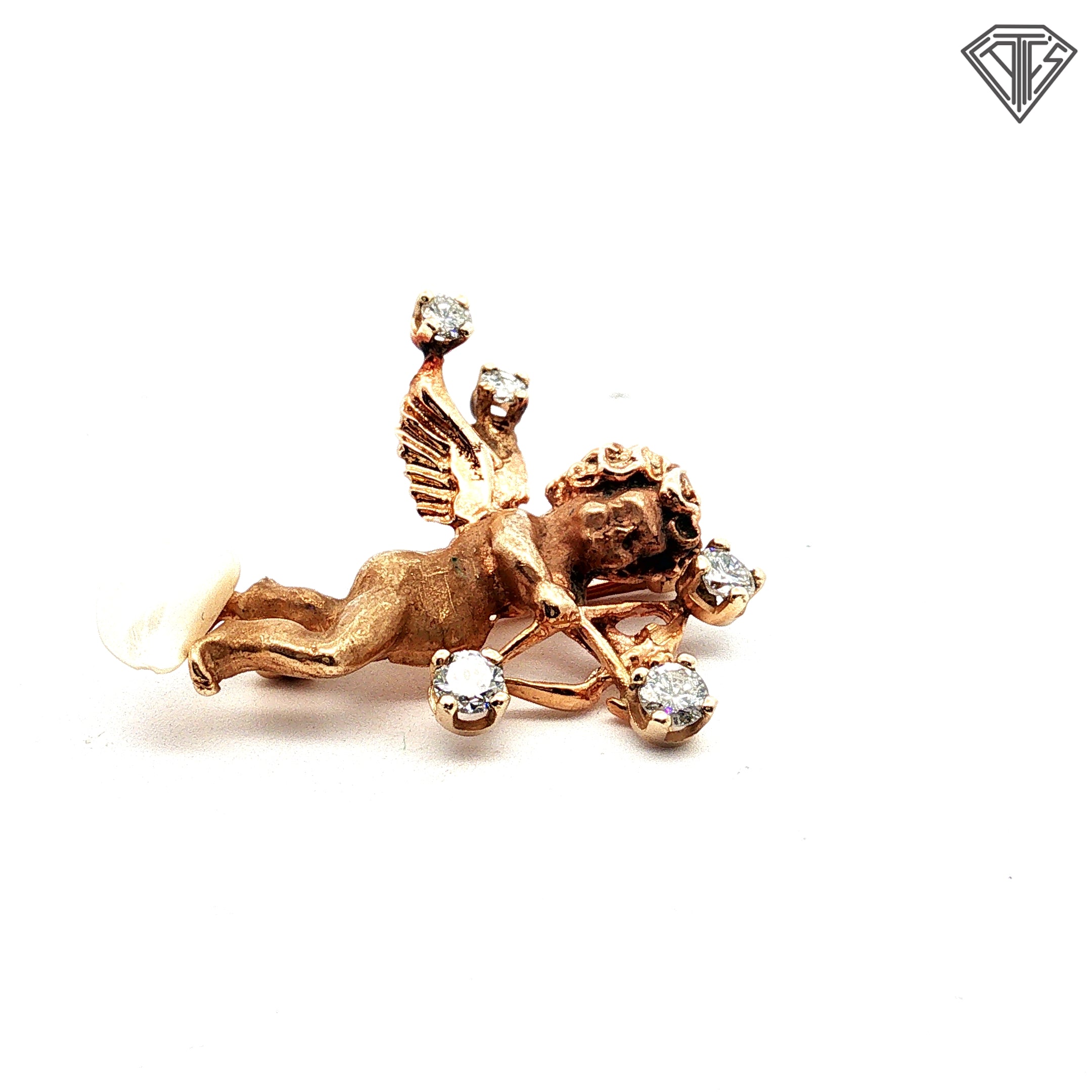 14k Yellow Gold .45ct  Appox. G VS2 (5) Round Diamond Total Weight/ (1) Baroque Pearl Vintage Cherub Angel Brooch/ Pendant 6.0 gram