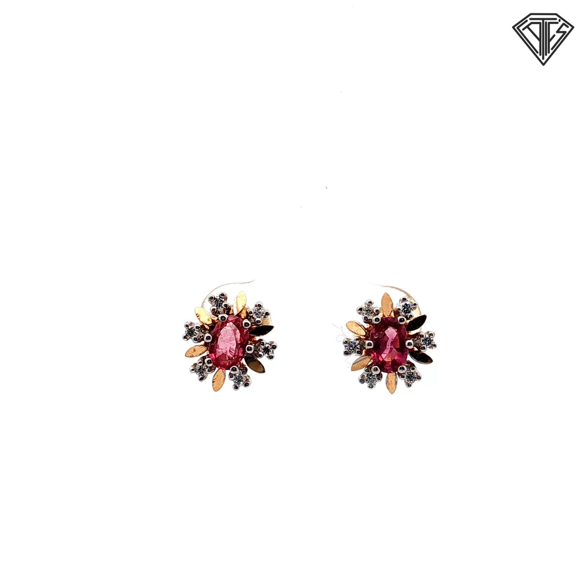 14k Two Tone .80ct Oval Pink Sapphire/ .14ct H SI1 Round Diamond Floral Stud Earrings 4.1 gram