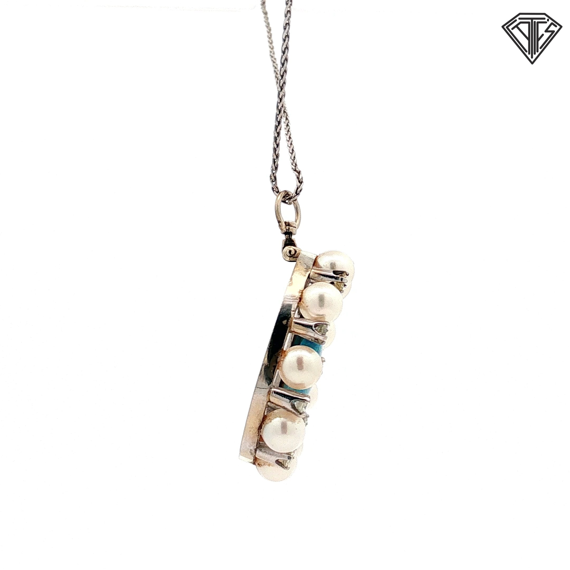 14k White Gold 6.00ct Australian Oval Shape Opal/ .50ct G VS2 Round Diamond / (9) Cultured Pearls Pendant  Antique Style Opal 16"inch  Necklace