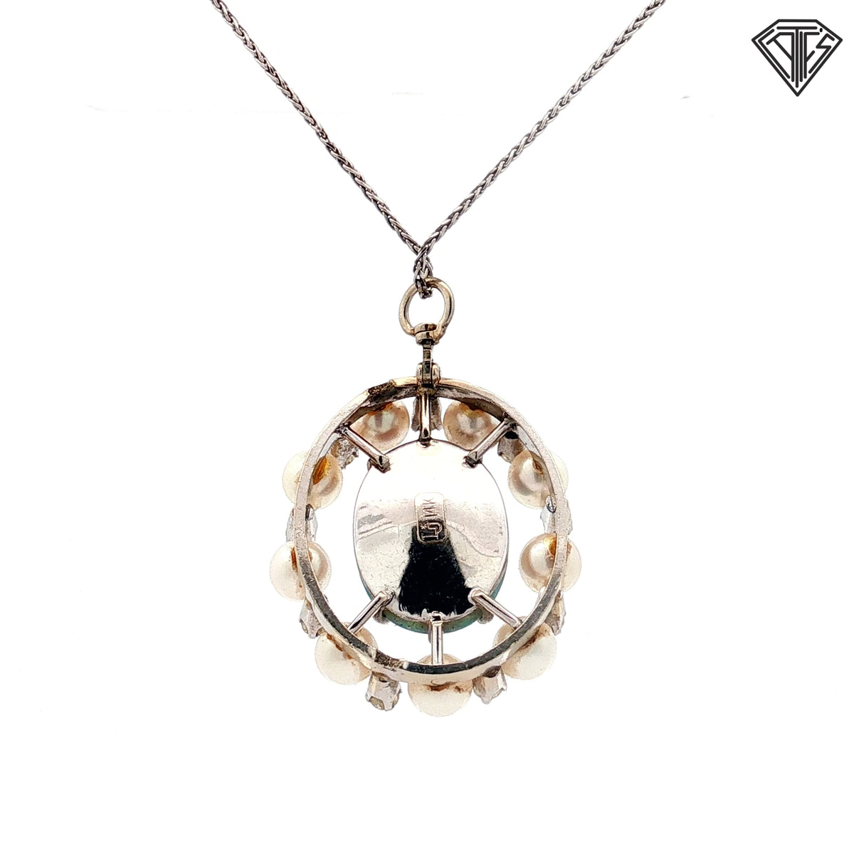 14k White Gold 6.00ct Australian Oval Shape Opal/ .50ct G VS2 Round Diamond / (9) Cultured Pearls Pendant  Antique Style Opal 16"inch  Necklace
