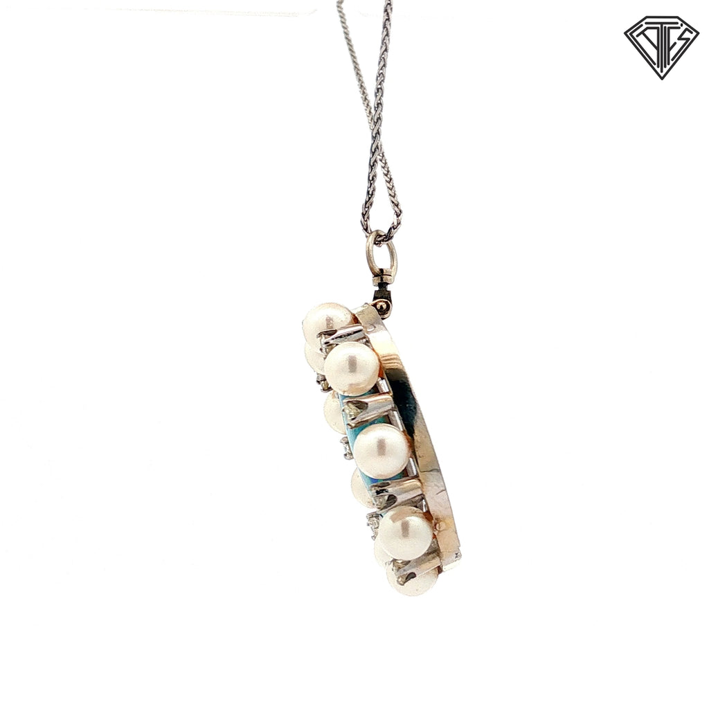 14k White Gold 6.00ct Australian Oval Shape Opal/ .50ct G VS2 Round Diamond / (9) Cultured Pearls Pendant  Antique Style Opal 16"inch  Necklace