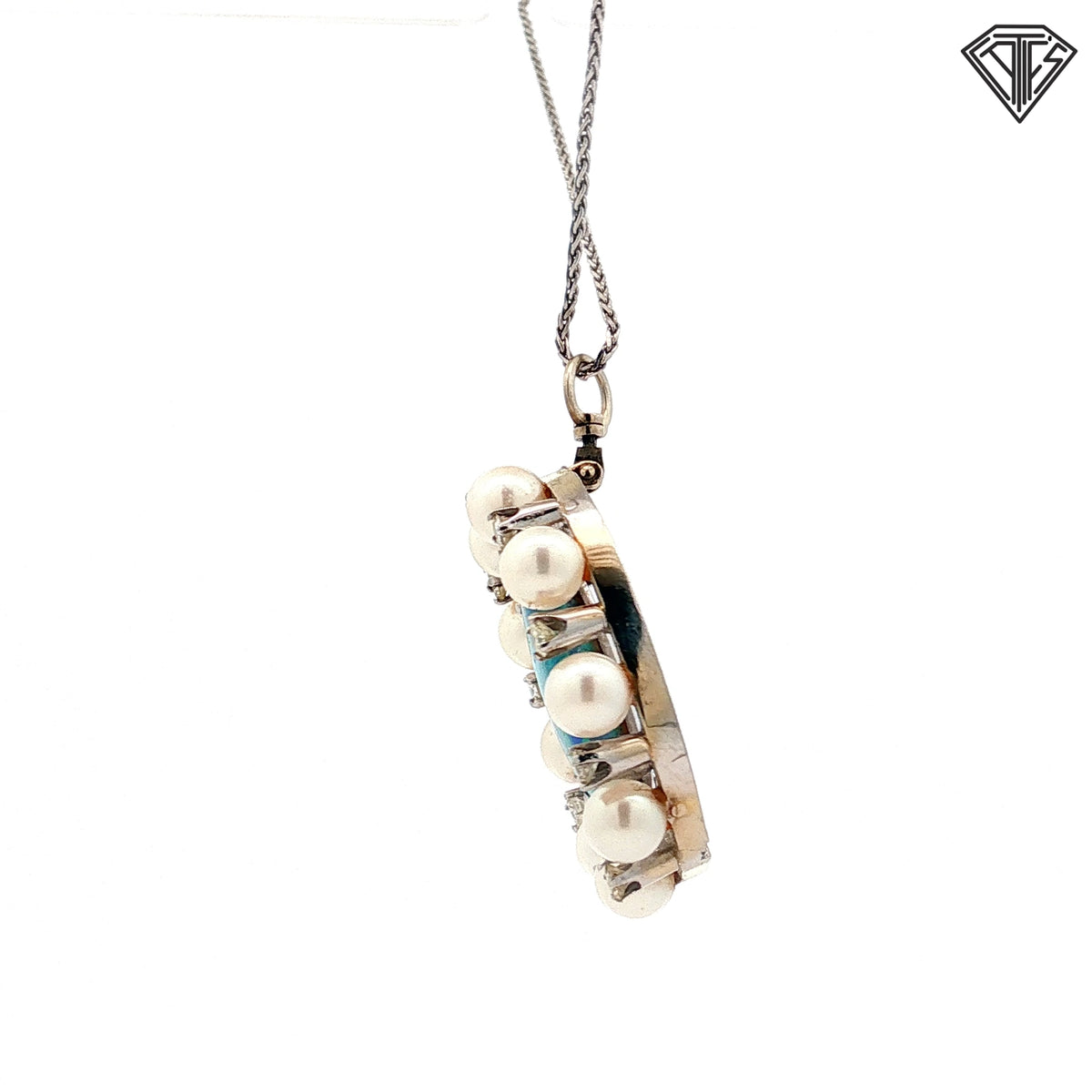 14k White Gold 6.00ct Australian Oval Shape Opal/ .50ct G VS2 Round Diamond / (9) Cultured Pearls Pendant  Antique Style Opal 16"inch  Necklace