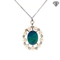 14k White Gold 6.00ct Australian Oval Shape Opal/ .50ct G VS2 Round Diamond / (9) Cultured Pearls Pendant  Antique Style Opal 16"inch  Necklace