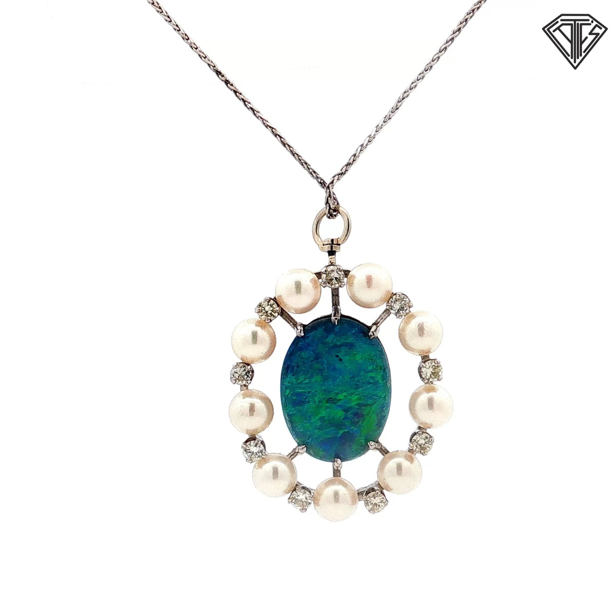 14k White Gold 6.00ct Australian Oval Shape Opal/ .50ct G VS2 Round Diamond / (9) Cultured Pearls Pendant  Antique Style Opal 16"inch  Necklace