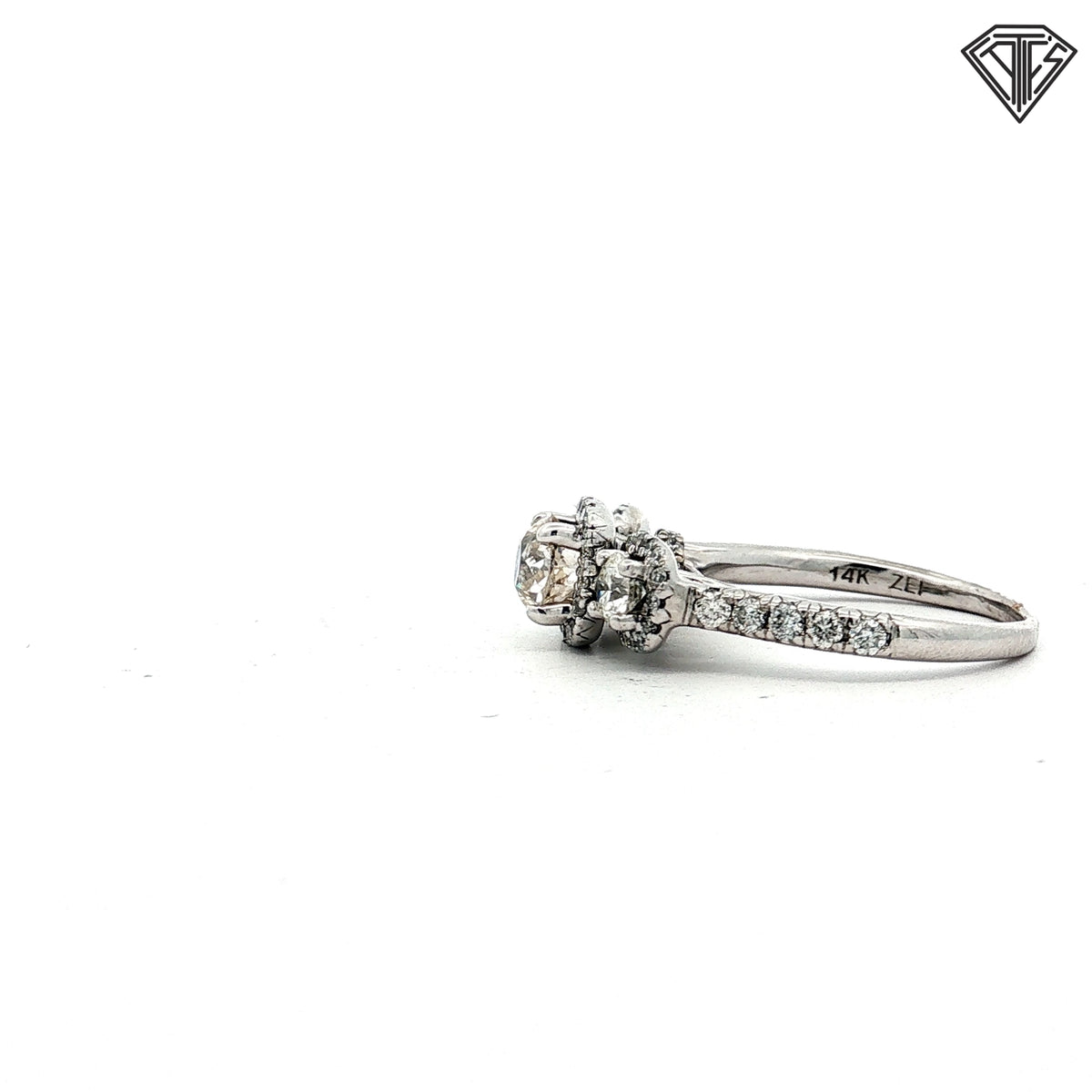 14k White Gold 1.00ct F SI1 Round Old European Cut Diamond and .50ct F SI1 Round Diamond Past, Present and Future Engagement Ring Size 7