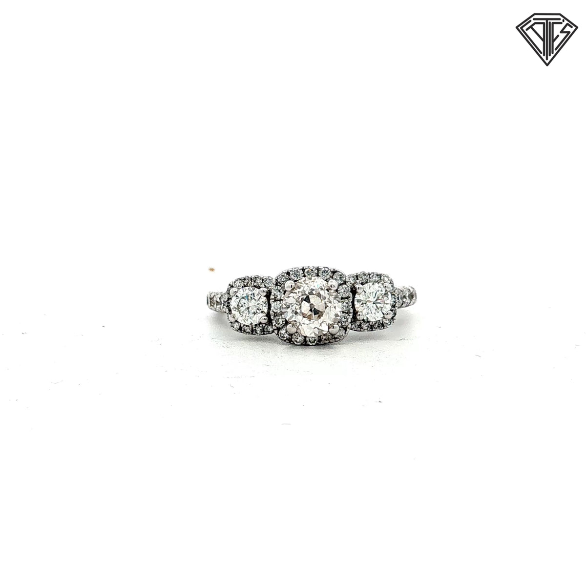 14k White Gold 1.00ct F SI1 Round Old European Cut Diamond and .50ct F SI1 Round Diamond Past, Present and Future Engagement Ring Size 7