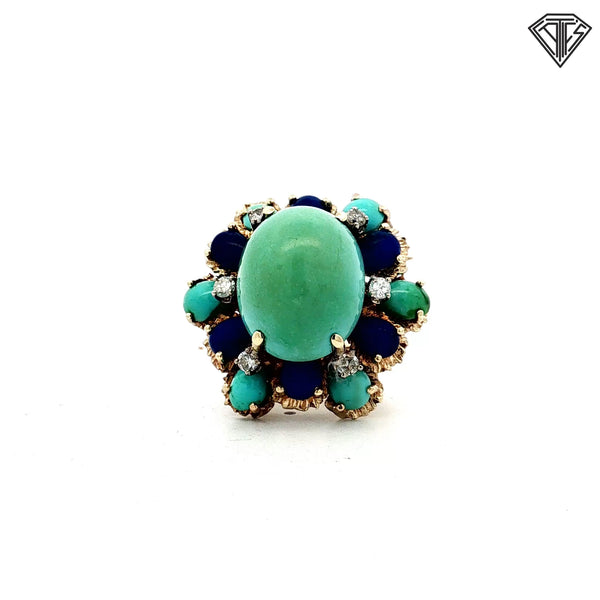 18k Yellow Gold .35ct G SI2 Round Diamond /Large Oval Pale Green Cabochon Center Stone/ Surrounded by Blue/ Turquoise Cabochon Accent Vintage Floral Cluster Design Ring Size 8