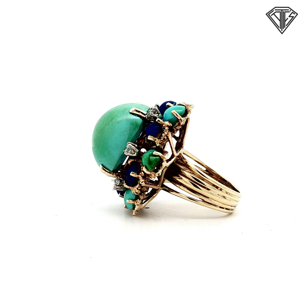 18k Yellow Gold .35ct G SI2 Round Diamond /Large Oval Pale Green Cabochon Center Stone/ Surrounded By Blue/ Turquoise Cabochon Accent Vintage Floral Cluster Design Ring Size 8