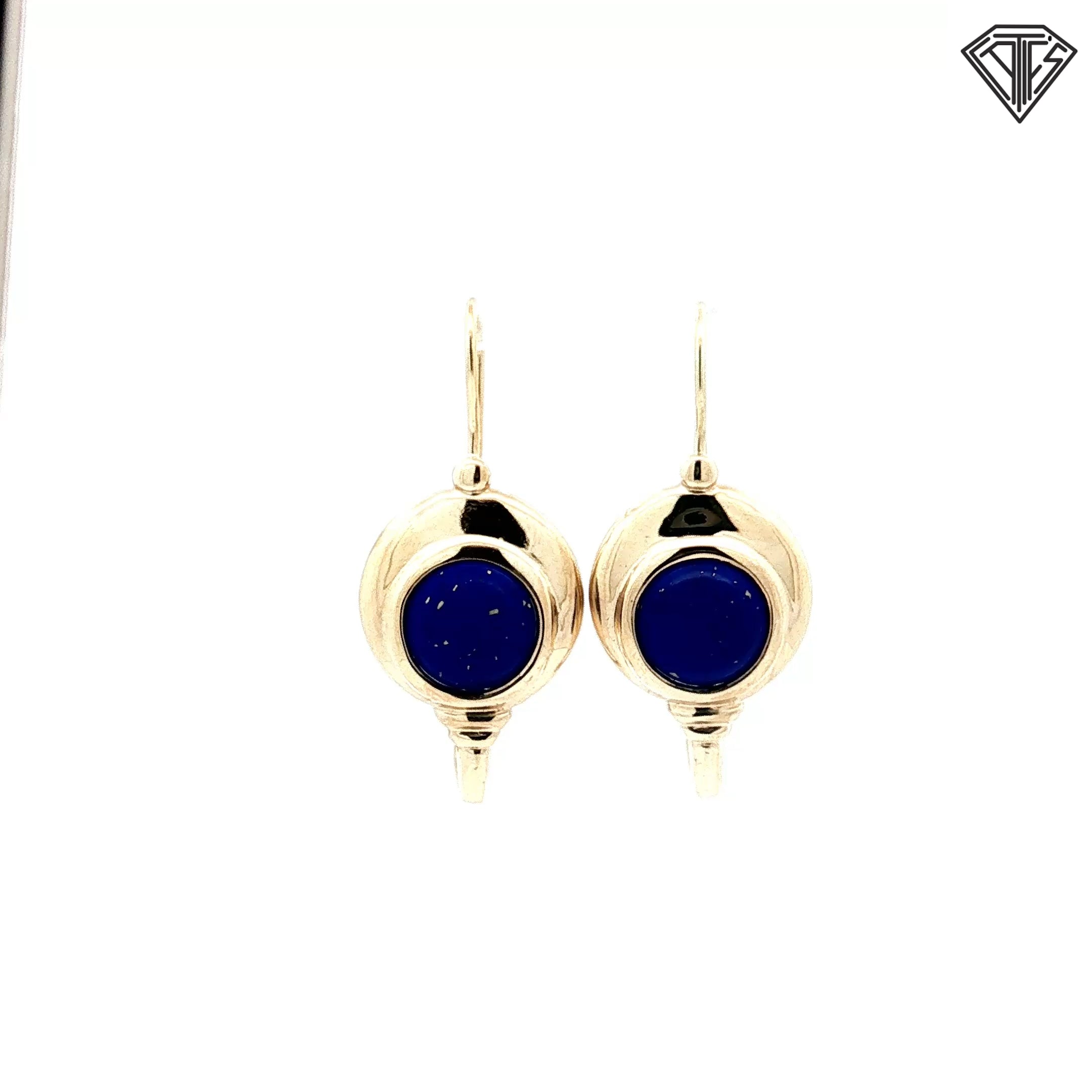 14k Yellow Gold Blue Round Lapis Lazuli Cabochon Dangle Earrings 7.7 gram 1/2 Long