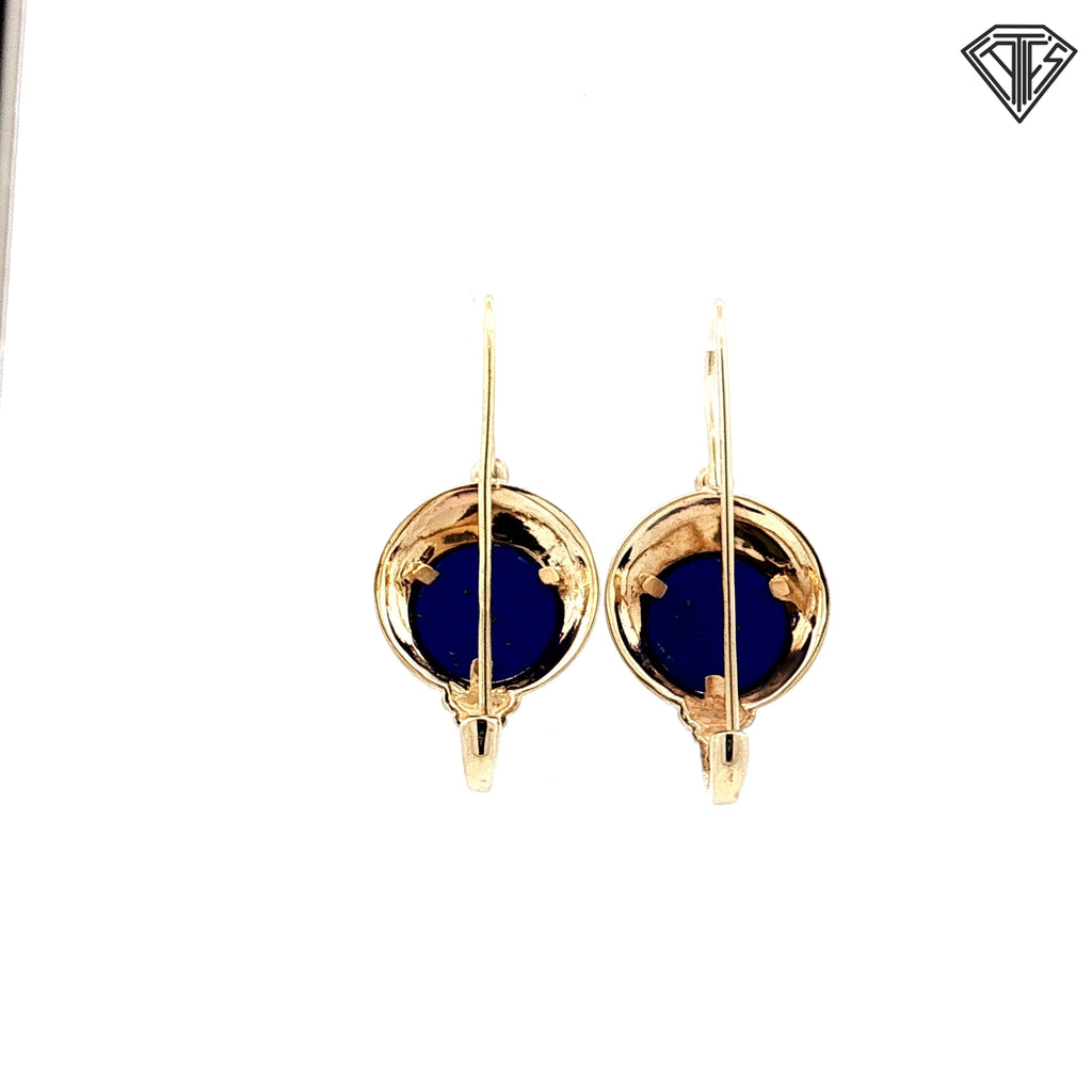 14k Yellow Gold Blue Round Lapis Lazuli Cabochon Dangle Earrings 7.7 gram 1/2 Long