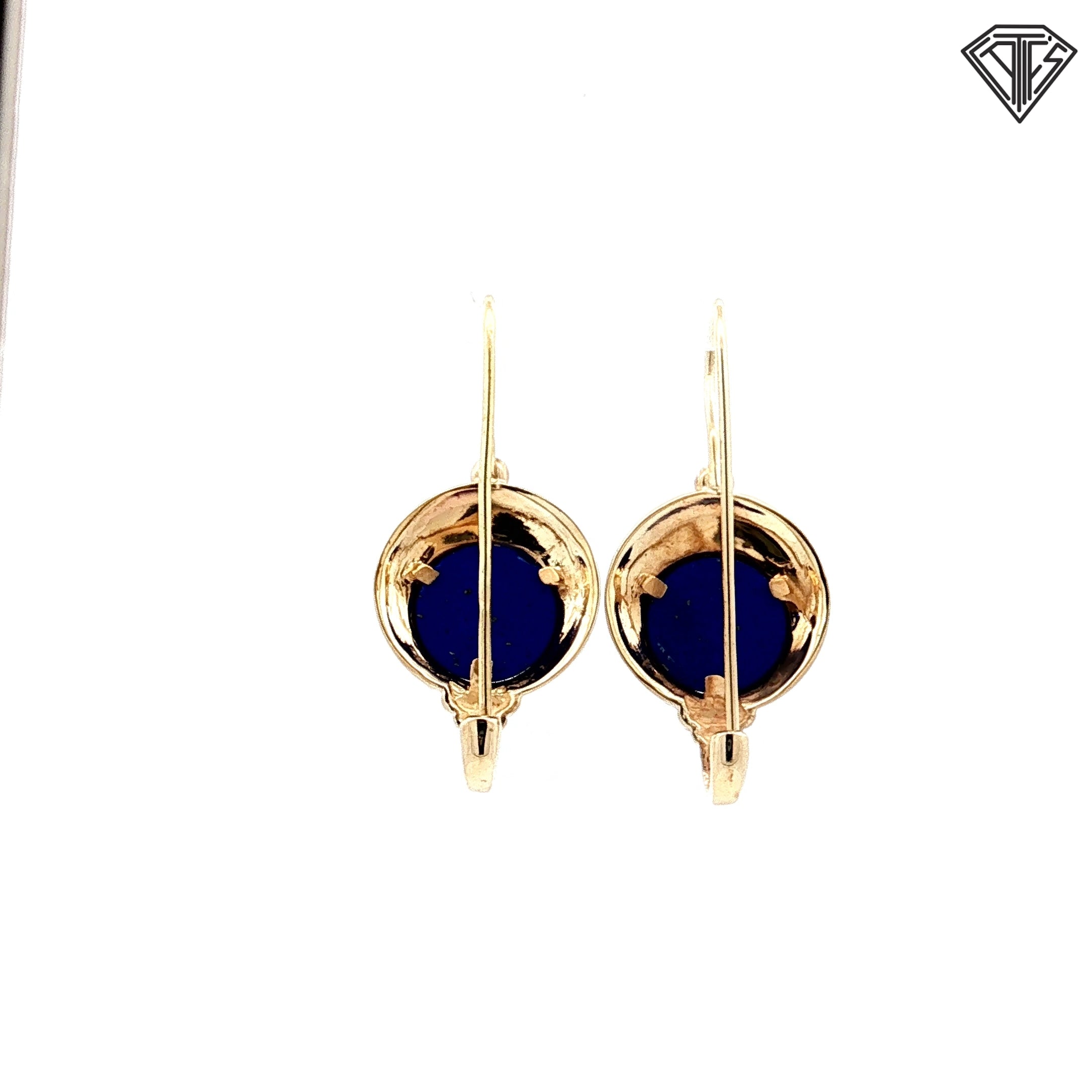 14k Yellow Gold Blue Round Lapis Lazuli Cabochon Dangle Earrings 7.7 gram 1/2 Long