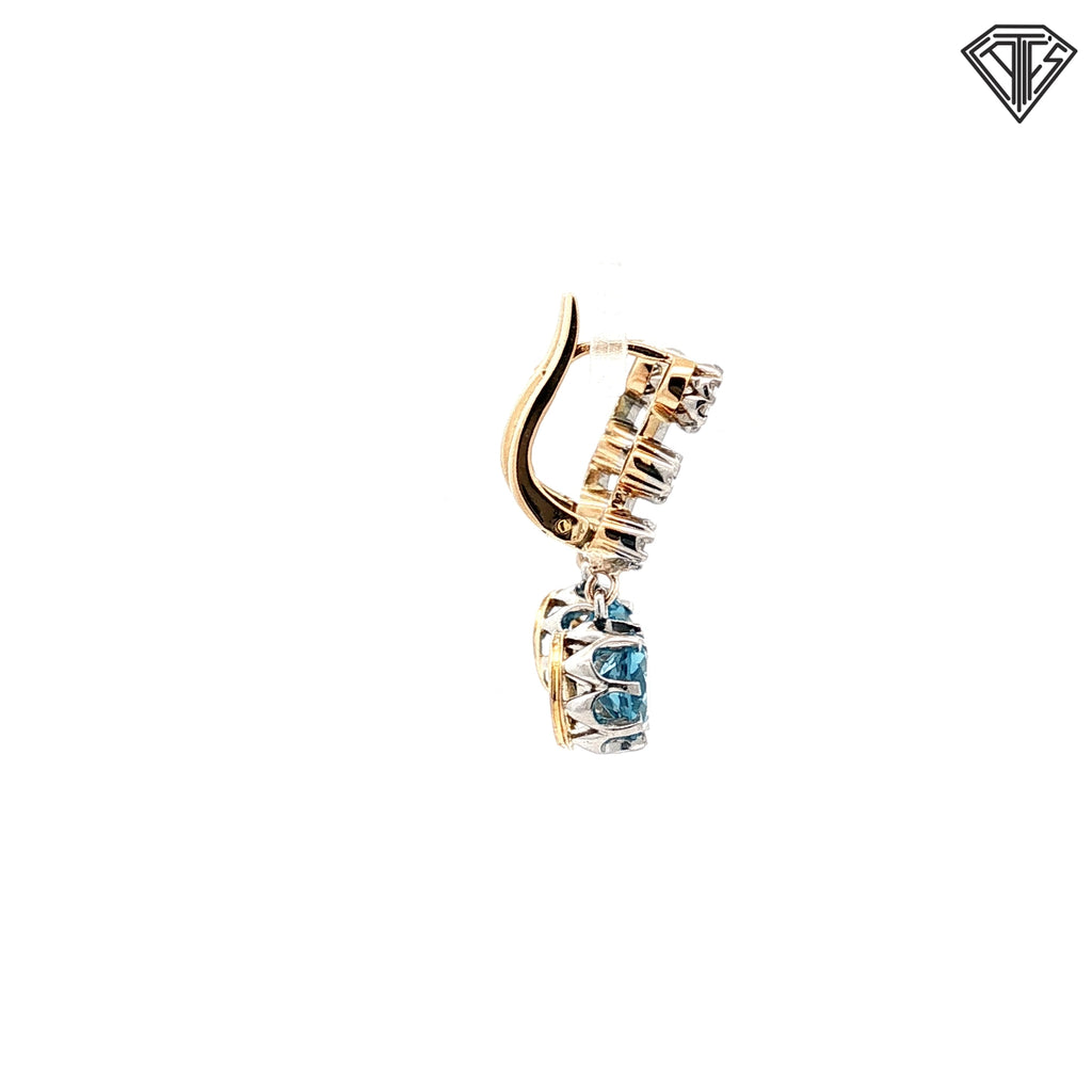 14k Two Tone 2.00ct Round Blue Topaz / .50ct G SI1 Round Graduated Diamond Hinged Lever Back Drop Earrings 1"Long