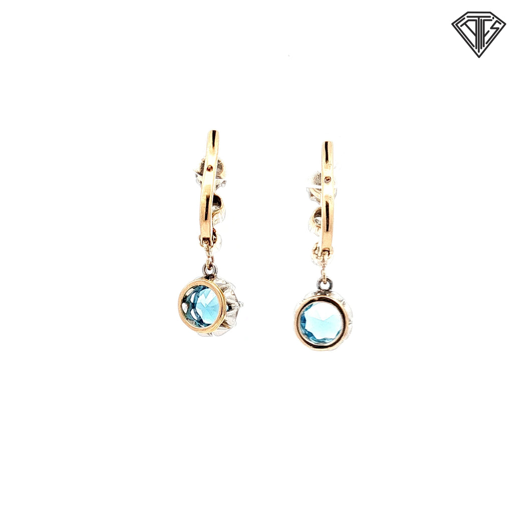 14k Two Tone 2.00ct Round Blue Topaz / .50ct G SI1 Round Graduated Diamond Hinged Lever Back Drop Earrings 1"Long