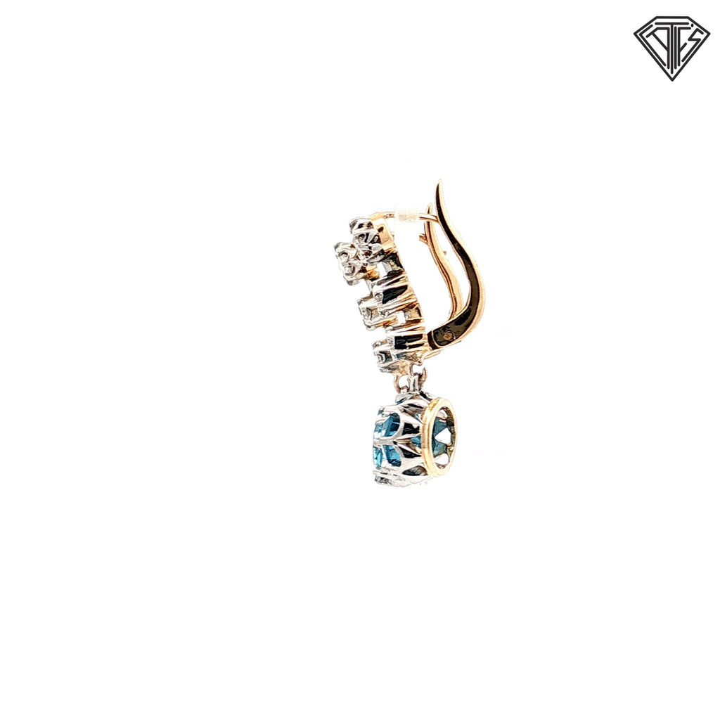 14k Two Tone 2.00ct Round Blue Topaz / .50ct G SI1 Round Graduated Diamond Hinged Lever Back Drop Earrings 1"Long