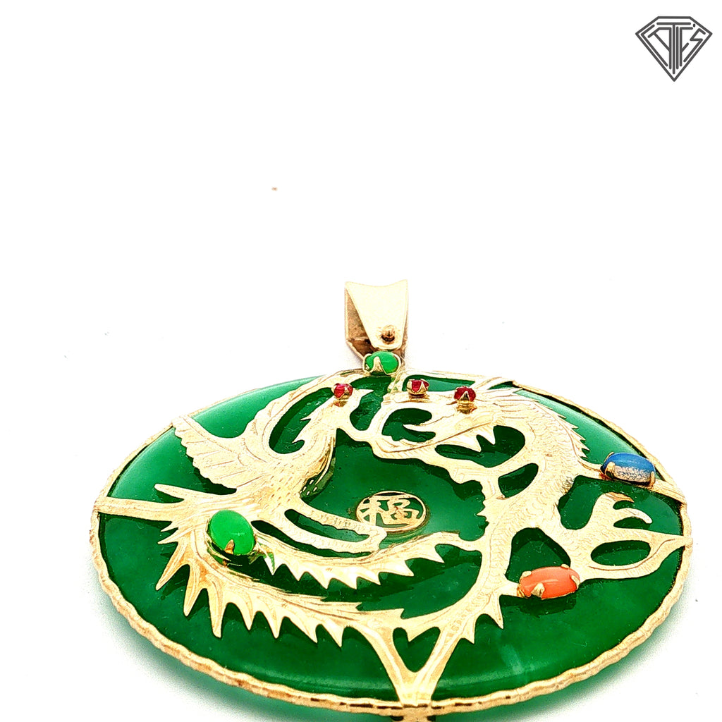 14k Yellow Gold Jade /Phoenix Carvings, Set with (3) Round Ruby / Oval Shape Coral,/ Oval Shape Opal Handmade Pendant (Dragon Attract Prosperity, Good Career, Luck, Wealth and Success)
