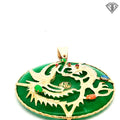 14k Yellow Gold Jade /Phoenix Carvings, Set with (3) Round Ruby / Oval Shape Coral,/ Oval Shape Opal Handmade Pendant (Dragon Attract Prosperity, Good Career, Luck, Wealth and Success)