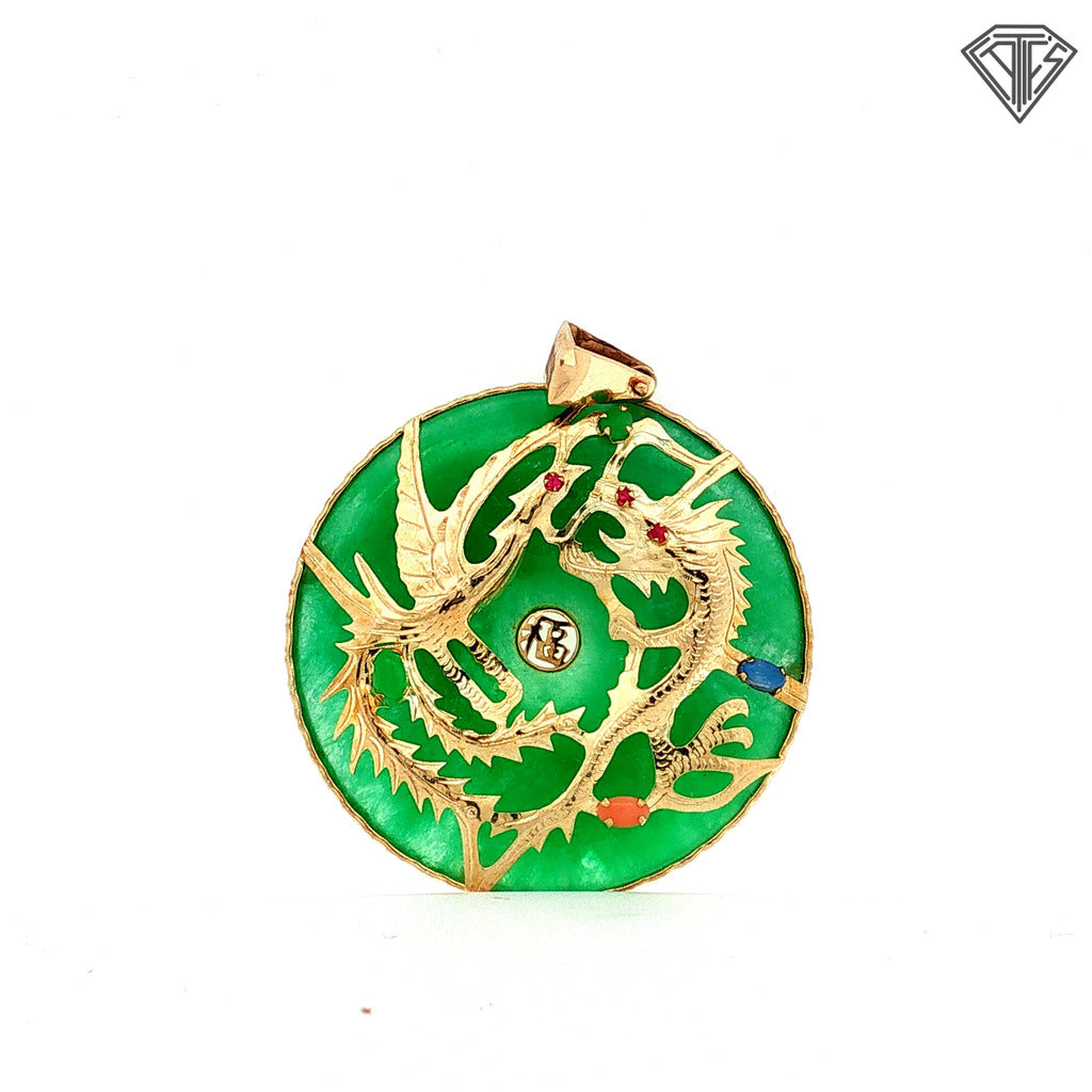 14k Yellow Gold Jade /Phoenix Carvings, Set with (3) Round Ruby / Oval Shape Coral,/ Oval Shape Opal Handmade Pendant (Dragon Attract Prosperity, Good Career, Luck, Wealth and Success)