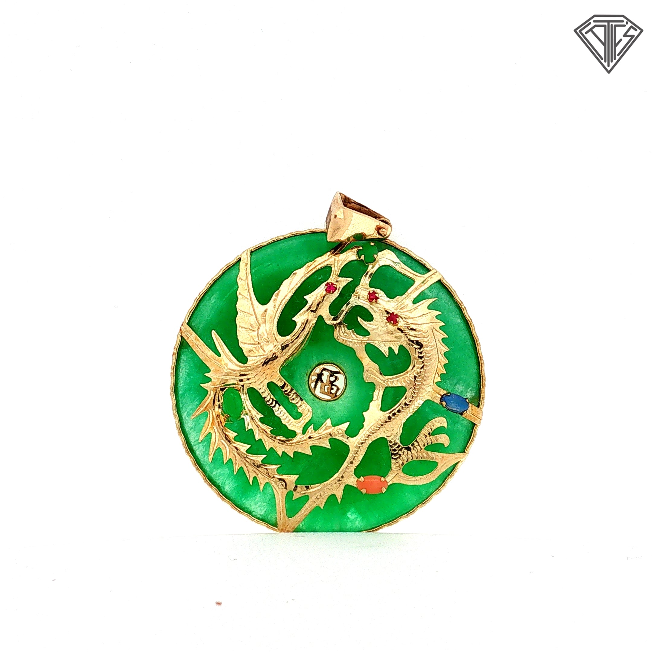 14k Yellow Gold Jade /Phoenix Carvings, Set with (3) Round Ruby / Oval Shape Coral,/ Oval Shape Opal Handmade Pendant (Dragon Attract Prosperity, Good Career, Luck, Wealth and Success)