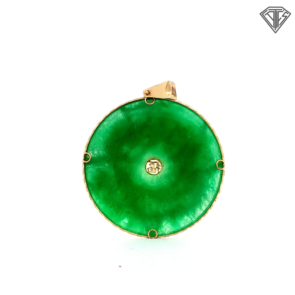 14k Yellow Gold Jade /Phoenix Carvings, Set with (3) Round Ruby / Oval Shape Coral,/ Oval Shape Opal Handmade Pendant (Dragon Attract Prosperity, Good Career, Luck, Wealth and Success)
