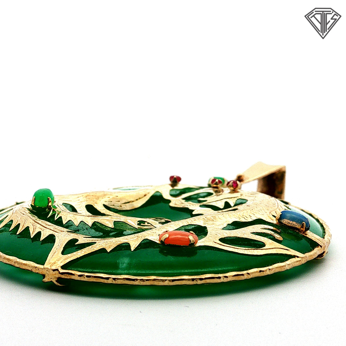 14k Yellow Gold Jade /Phoenix Carvings, Set with (3) Round Ruby / Oval Shape Coral,/ Oval Shape Opal Handmade Pendant (Dragon Attract Prosperity, Good Career, Luck, Wealth and Success)