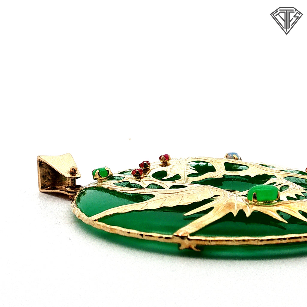 14k Yellow Gold Jade /Phoenix Carvings, Set with (3) Round Ruby / Oval Shape Coral,/ Oval Shape Opal Handmade Pendant (Dragon Attract Prosperity, Good Career, Luck, Wealth and Success)