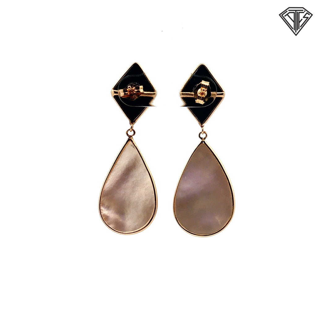 14k Yellow Gold Black Onyx Diamond Shape/ Mother of Pearl Tear Drop Dangle Earrings 1/2 Long  6.4 gram
