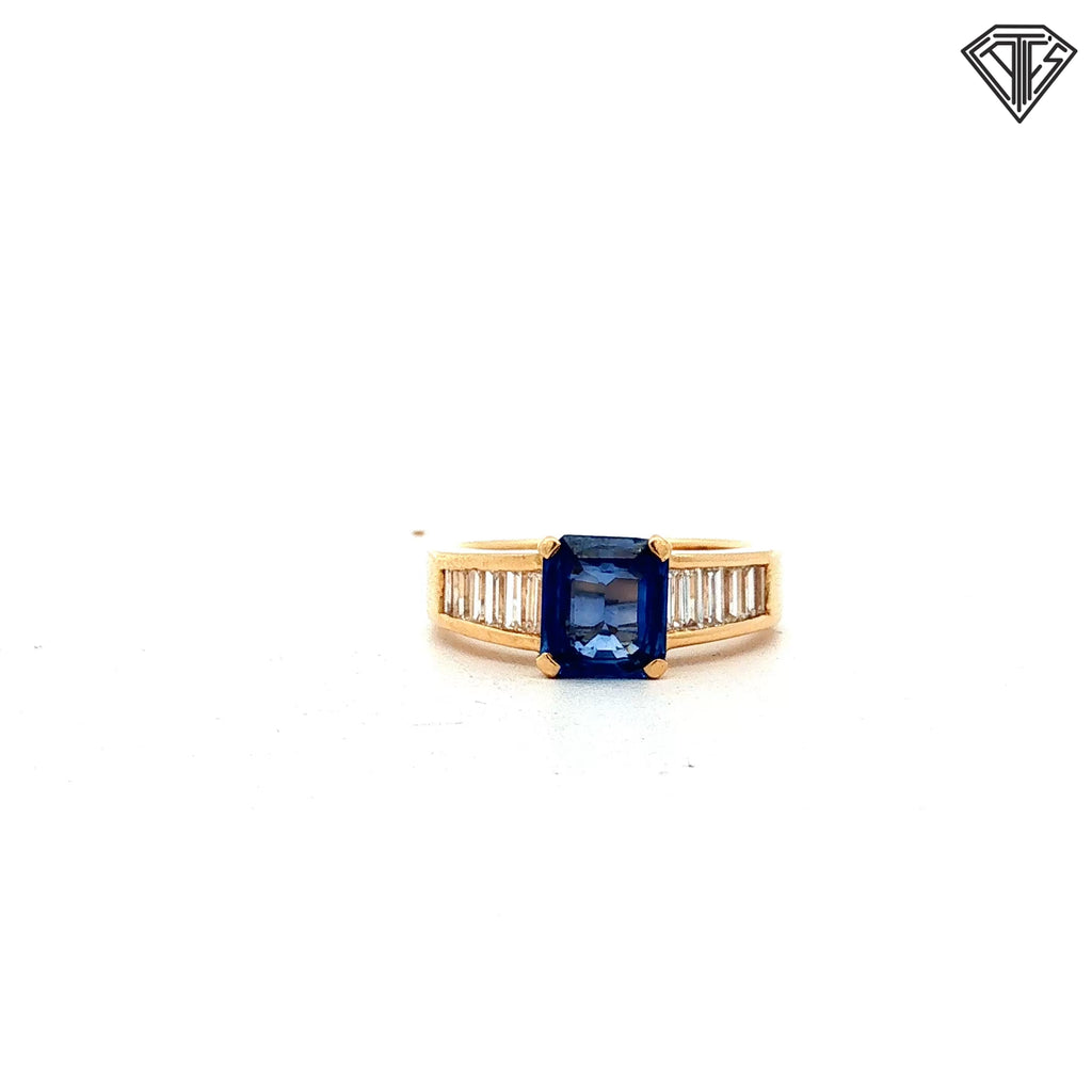 18k Yellow Gold 1.91ct Octagonal Blue Sapphire Sri Lanka/ .80ct F VS1 Baguette Diamond Ring Size 7 Certified By GIA #2241044811