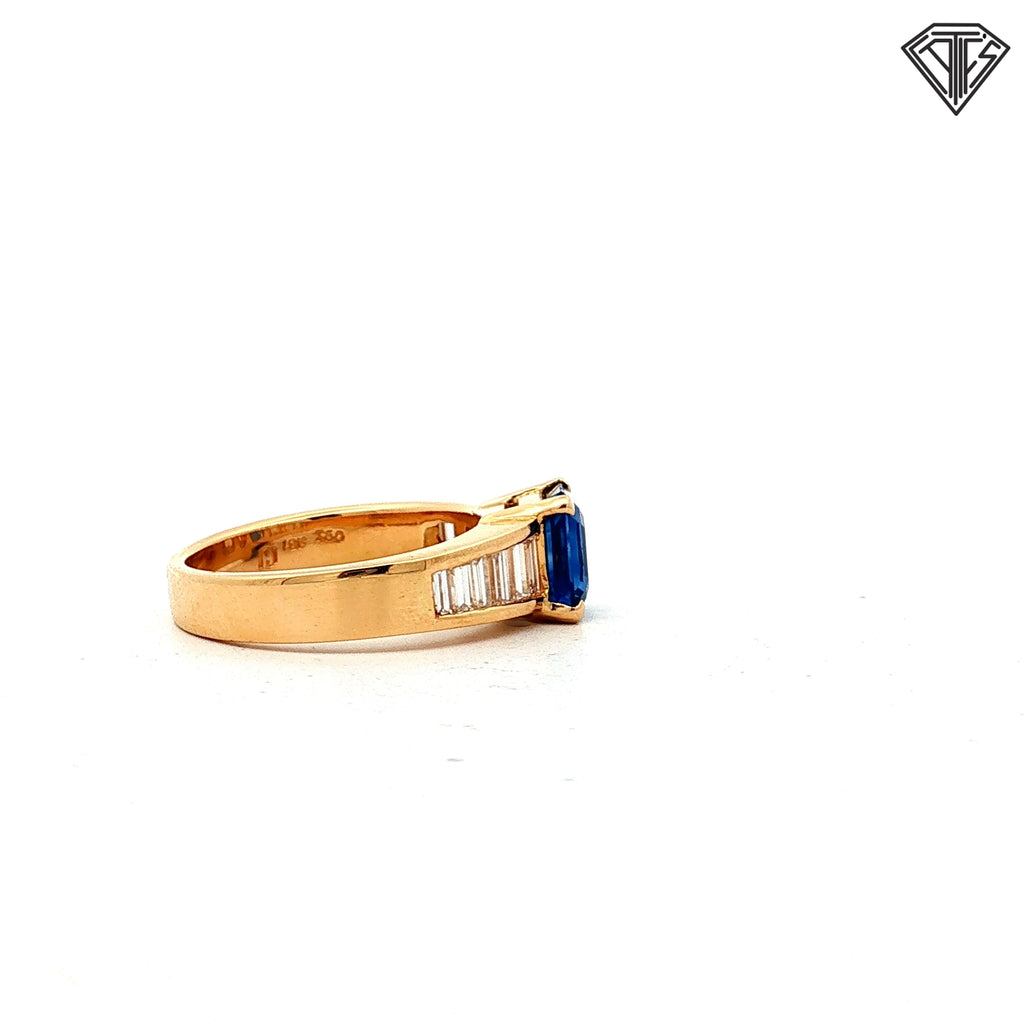 18k Yellow Gold 1.91ct Octagonal Blue Sapphire Sri Lanka/ .80ct F VS1 Baguette Diamond Ring Size 7 Certified By GIA #2241044811
