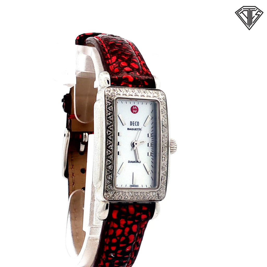 Pre-Loved Michele Deco Baguette / Diamond Bezel/ Quartz/ Mother of Pearl Dial / Red / Black Reptile Skin Band