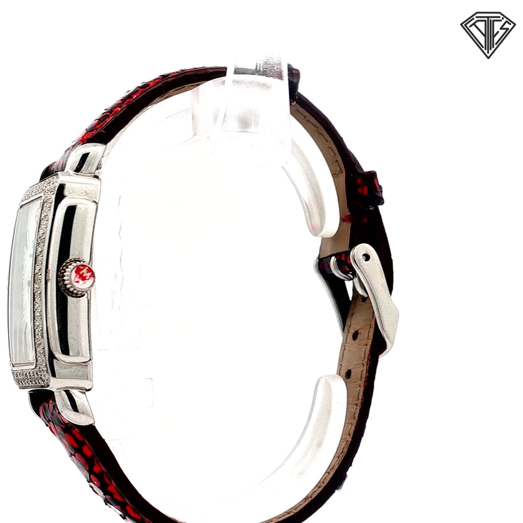 Pre-Loved Michele Deco Baguette / Diamond Bezel/ Quartz/ Mother of Pearl Dial / Red / Black Reptile Skin Band