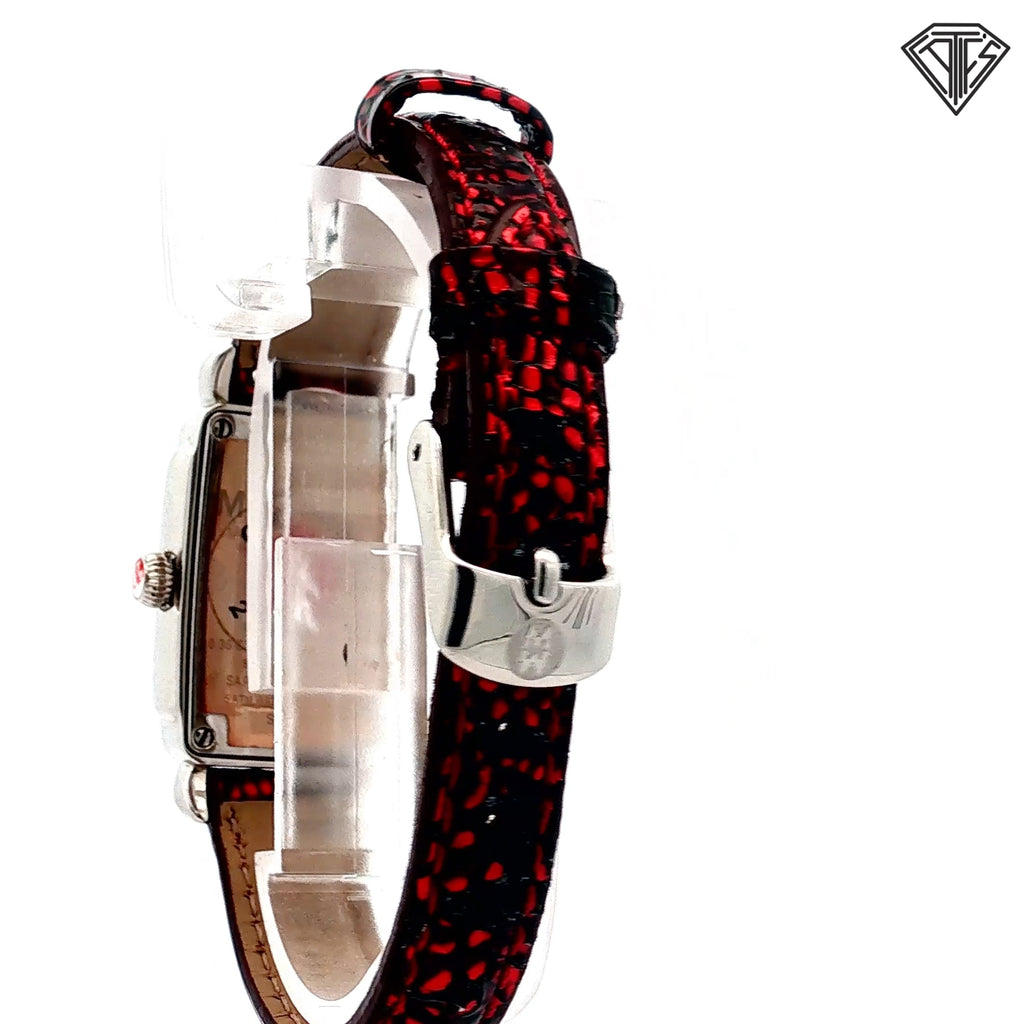Pre-Loved Michele Deco Baguette / Diamond Bezel/ Quartz/ Mother of Pearl Dial / Red / Black Reptile Skin Band