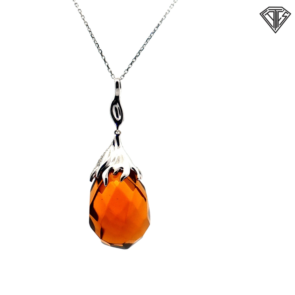 18k White Gold .70ct F VS2 Round Diamond with Briolette Cut Orange Glass Pendant Design by Tara T & S