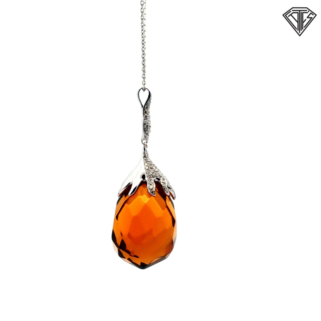 18k White Gold .70ct F VS2 Round Diamond with Briolette Cut Orange Glass Pendant Design by Tara T & S