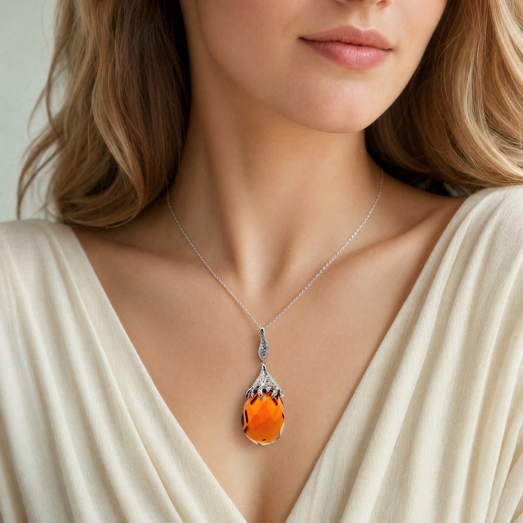 18k White Gold .70ct F VS2 Round Diamond with Briolette Cut Orange Glass Pendant Design by Tara T & S