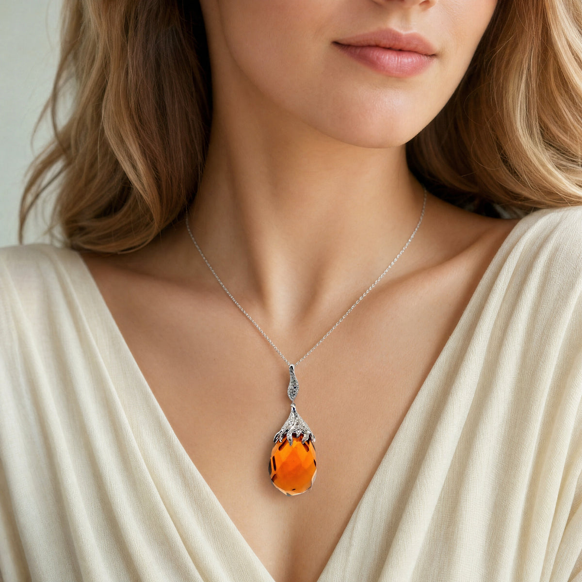 18k White Gold .70ct F VS2 Round Diamond with Briolette Cut Orange Glass Pendant Design By Tara T & S